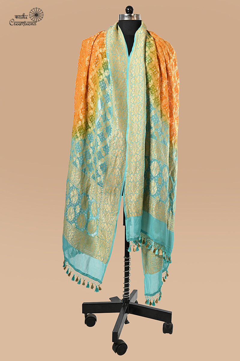 Mustard Yellow and Sky Blue Banarasi Bandhej Handloom Dupatta