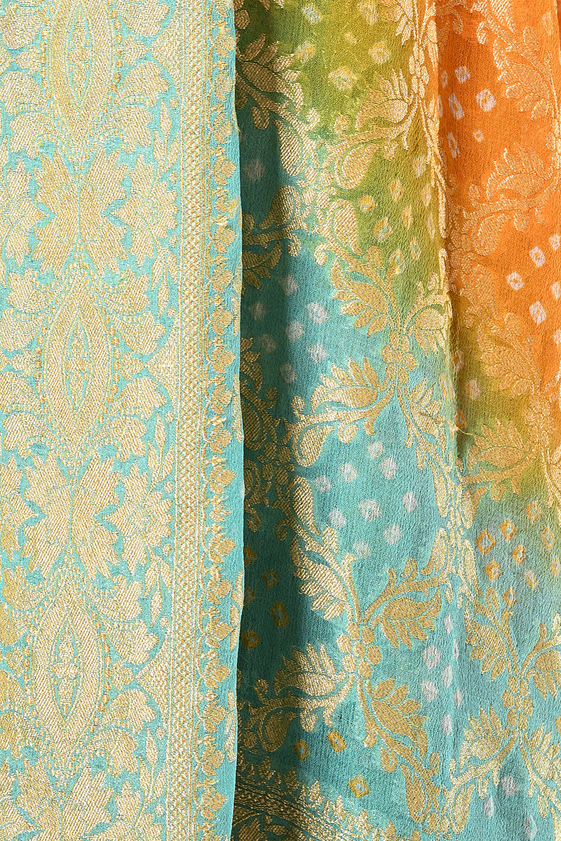 Mustard Yellow and Sky Blue Banarasi Bandhej Handloom Dupatta