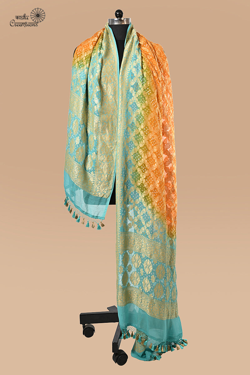 Mustard Yellow and Sky Blue Banarasi Bandhej Handloom Dupatta