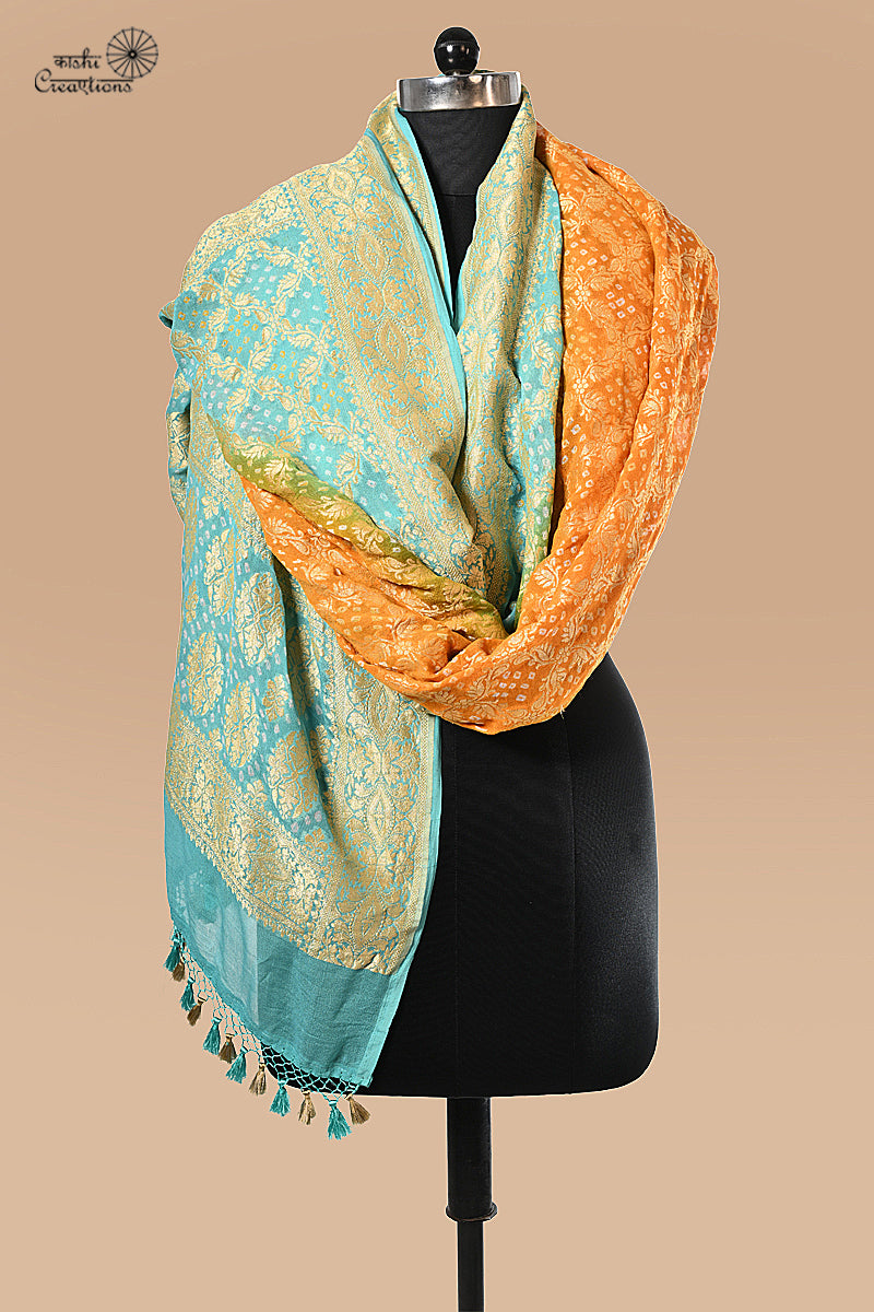 Mustard Yellow and Sky Blue Banarasi Bandhej Handloom Dupatta