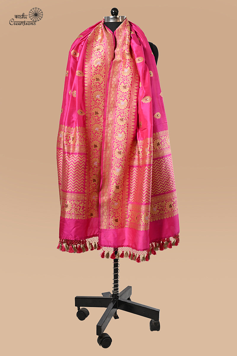 Rani Pink Pure Katan Silk Handloom Banrasi Dupatta