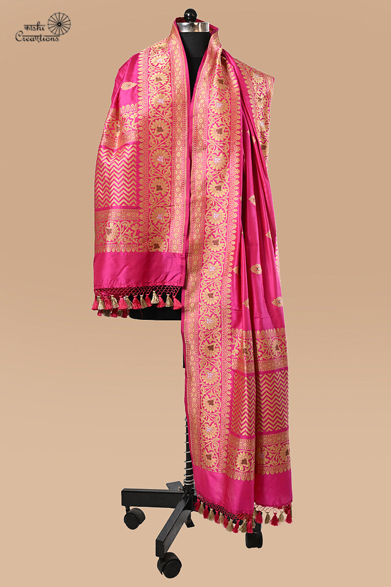 Rani Pink Pure Katan Silk Handloom Banrasi Dupatta