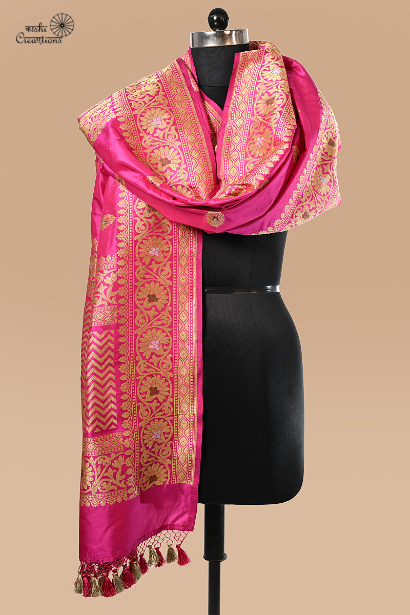 Rani Pink Pure Katan Silk Handloom Banrasi Dupatta