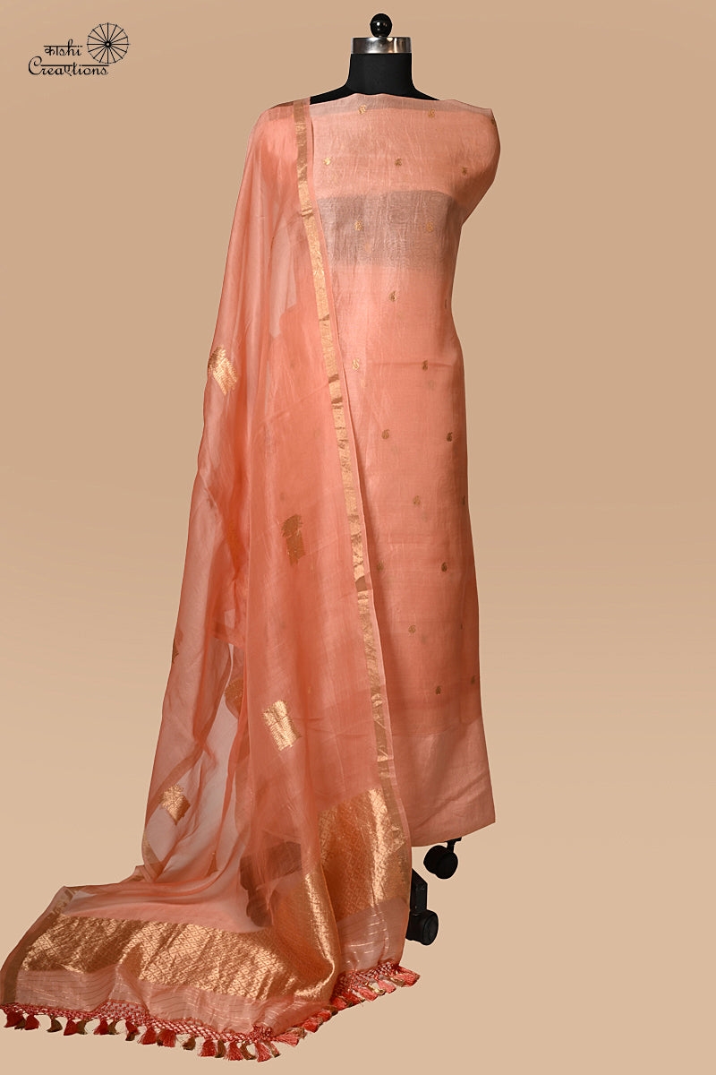 Peach Pure Kora Silk Kadhwa Boota Handwoven Banarasi Suit