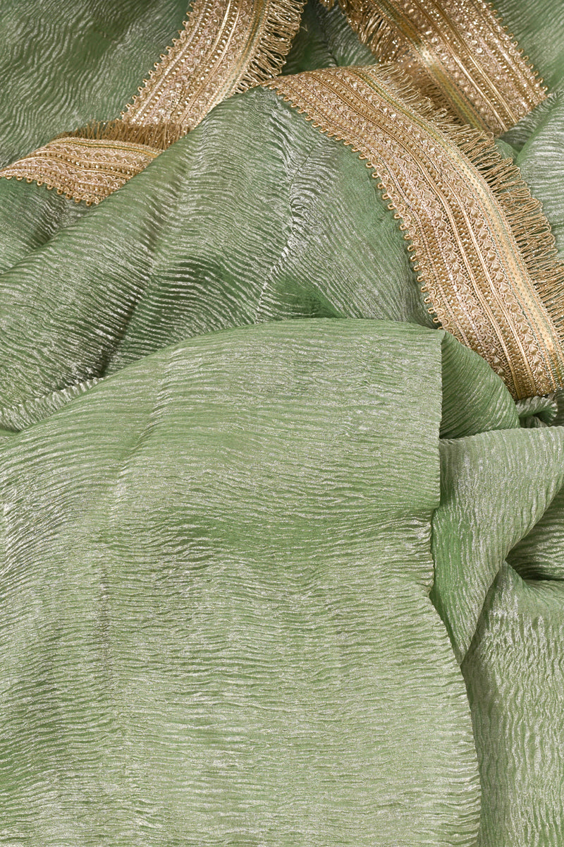 Sage Green Pure Tissue Silk Crushed Handwoven Banarasi Saree