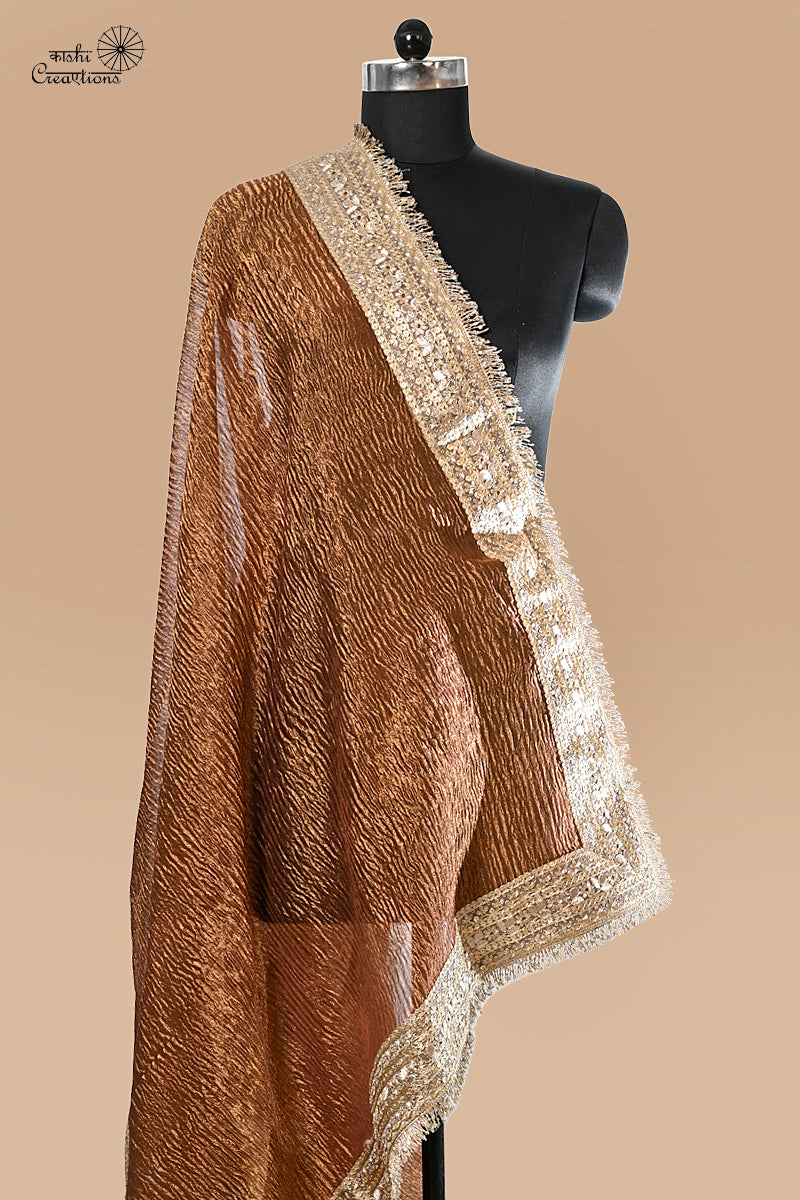 Coke Brown  Pure Crushed Tissue Silk Banarasi Saree