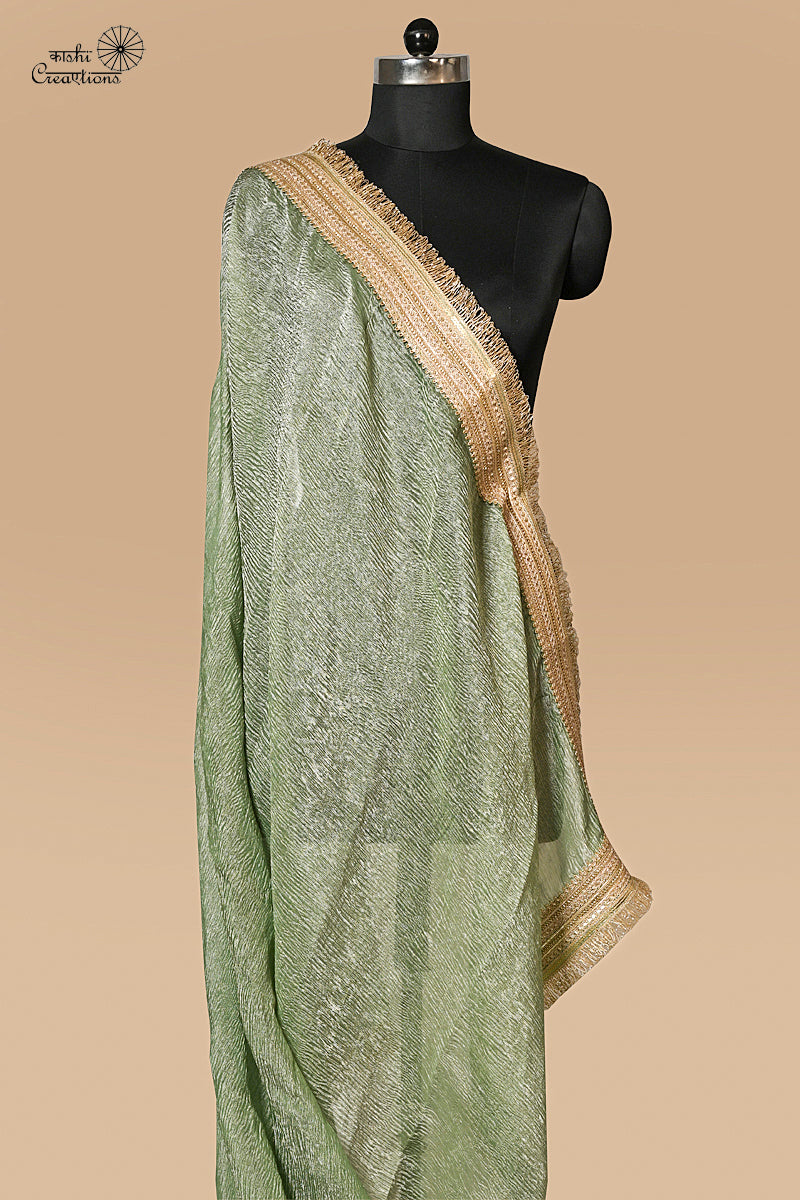 Sage Green Pure Tissue Silk Crushed Handwoven Banarasi Saree