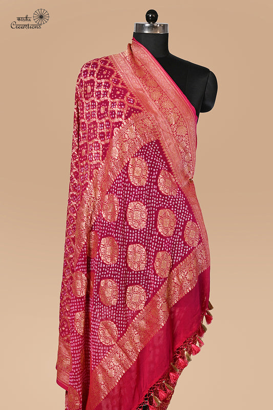 Hot Pink Pure Khaddi Georgette Banarasi Bandhej Saree