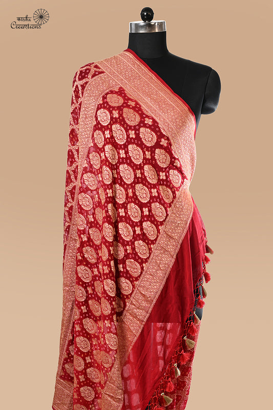 Red Pure Khaddi Georgette Banarasi Bandhej Handwoven Saree