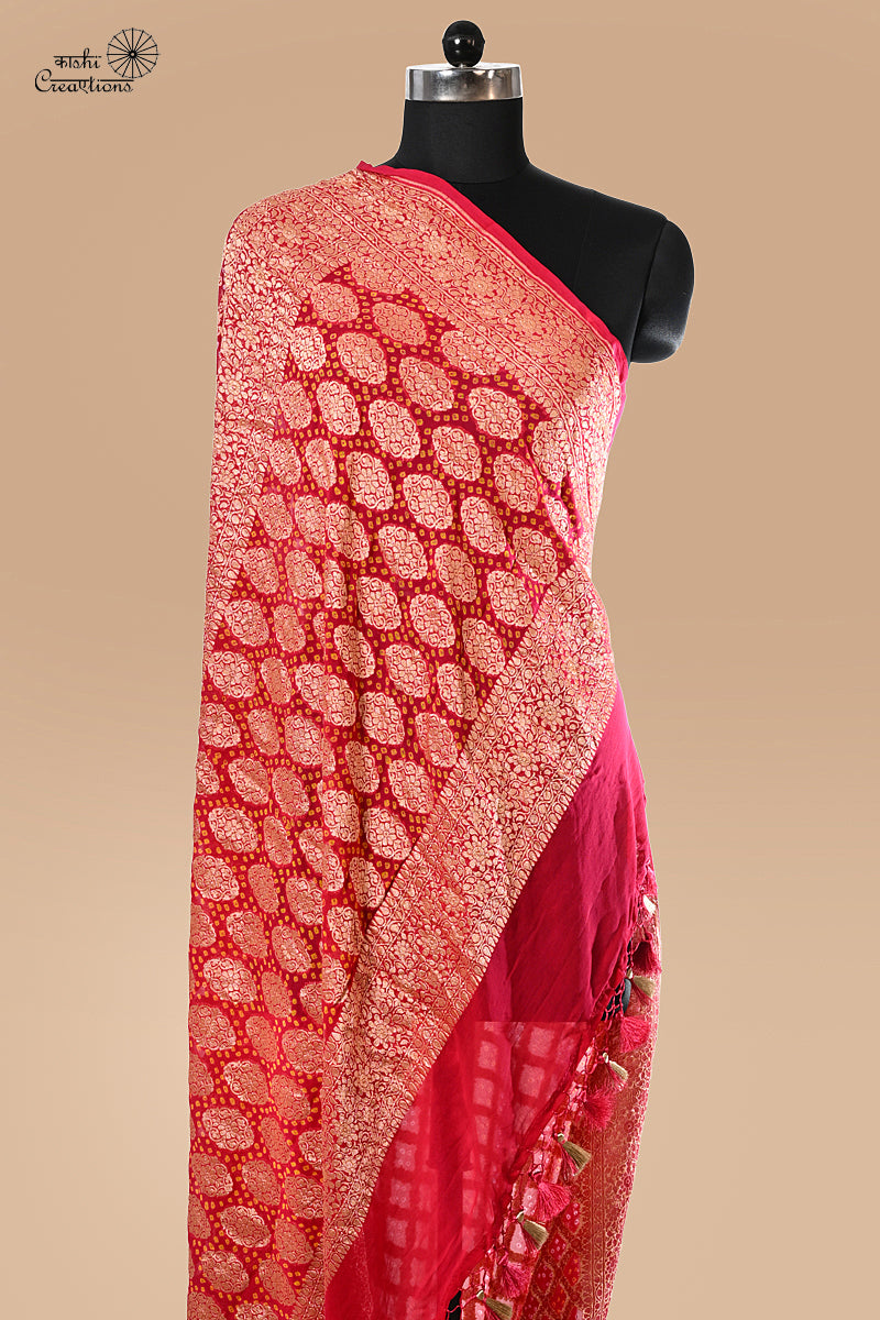 Water Melon Pink Pure Khaddi Georgette Handloom Banarasi Bandhej Saree