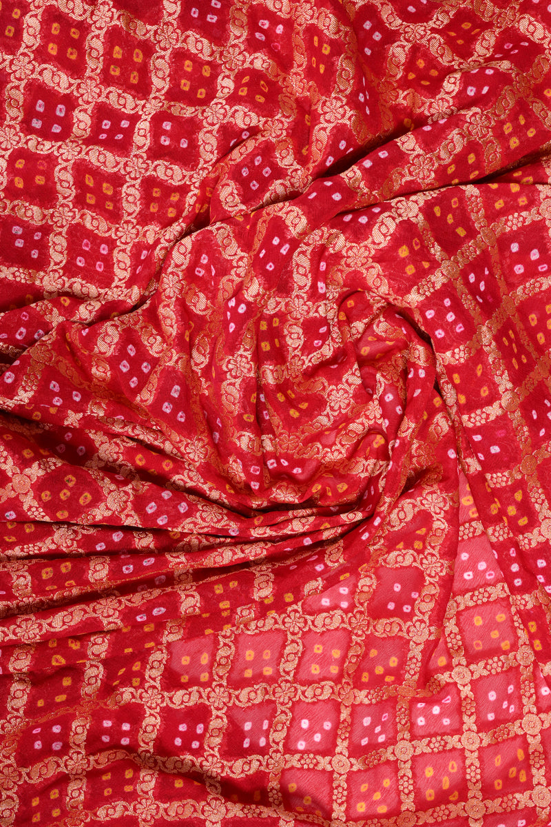 Water Melon Pink Pure Khaddi Georgette Handloom Banarasi Bandhej Saree