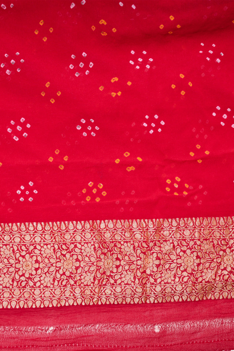 Water Melon Pink Pure Khaddi Georgette Handloom Banarasi Bandhej Saree