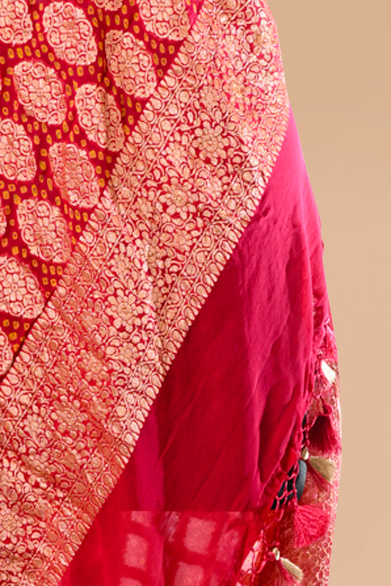 Water Melon Pink Pure Khaddi Georgette Handloom Banarasi Bandhej Saree