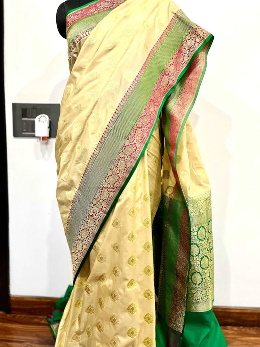 Cream and Green Pure Silk Handloom Banarasi Saree