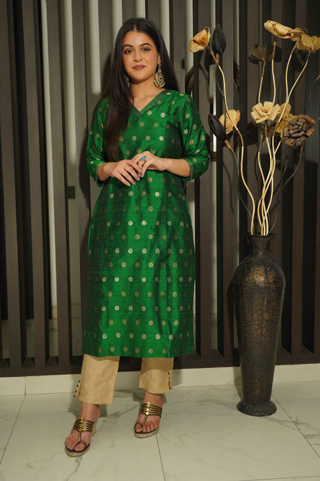 Green Pure Tussar Silk Handwoven Banarasi Kurta with Golden And Antique Zari Cutwork Boota Banarasi Kurta