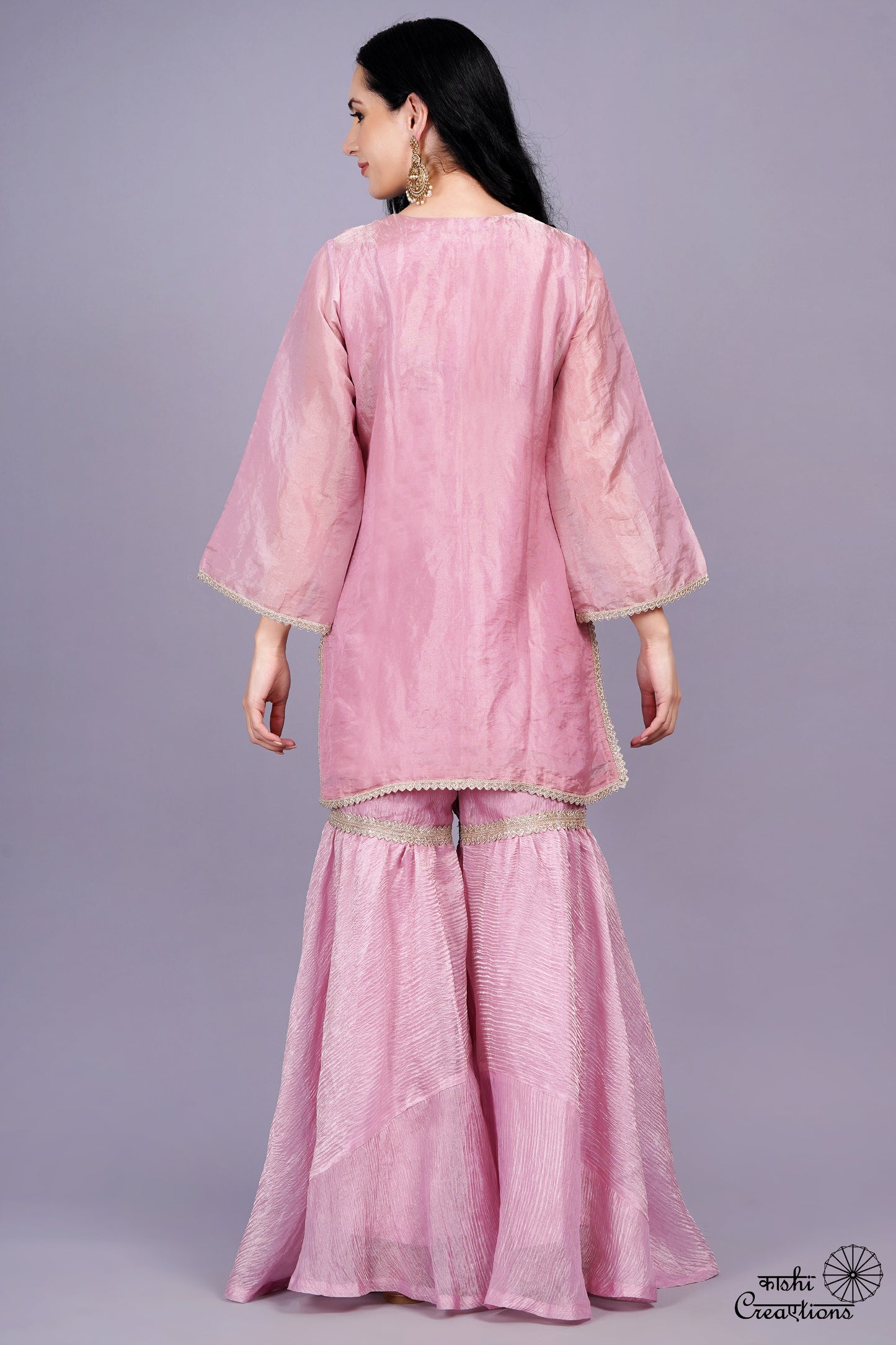 Onion Pink Pure Crushed Tissue Handwoven Stitched Garara Set