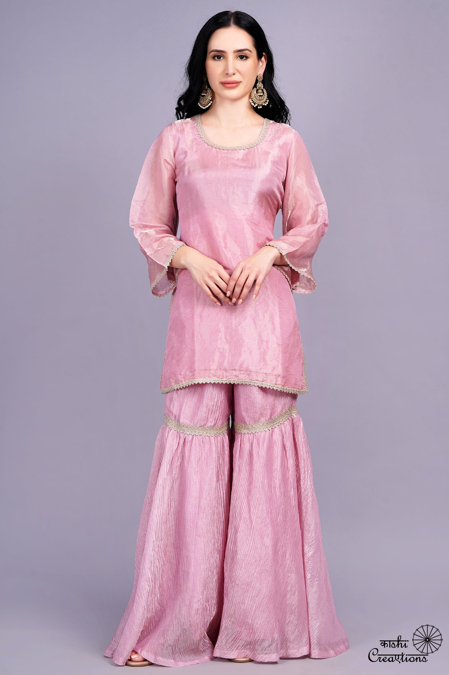 Onion Pink Pure Crushed Tissue Handwoven Stitched Garara Set