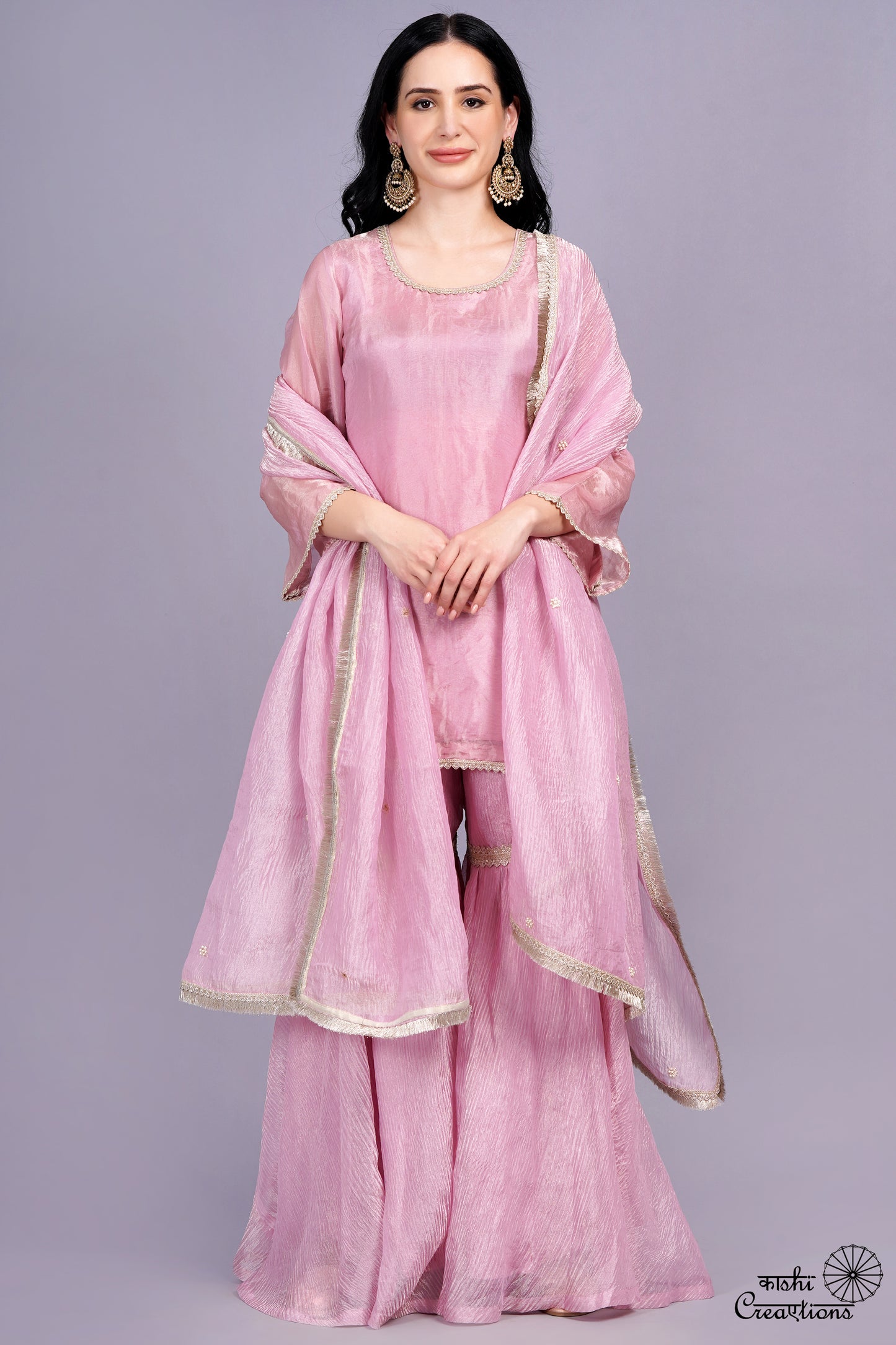 Onion Pink Pure Crushed Tissue Handwoven Stitched Garara Set