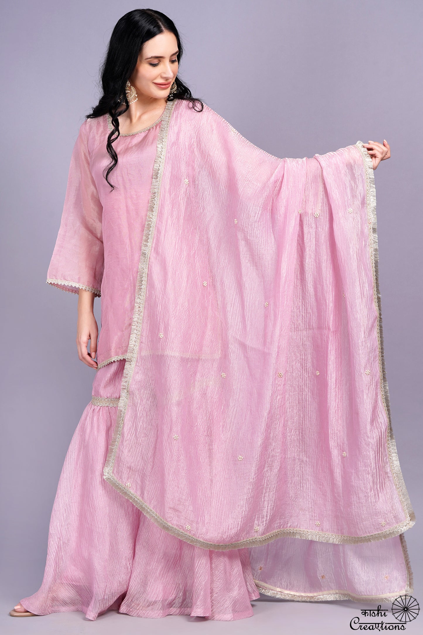 Onion Pink Pure Crushed Tissue Handwoven Stitched Garara Set