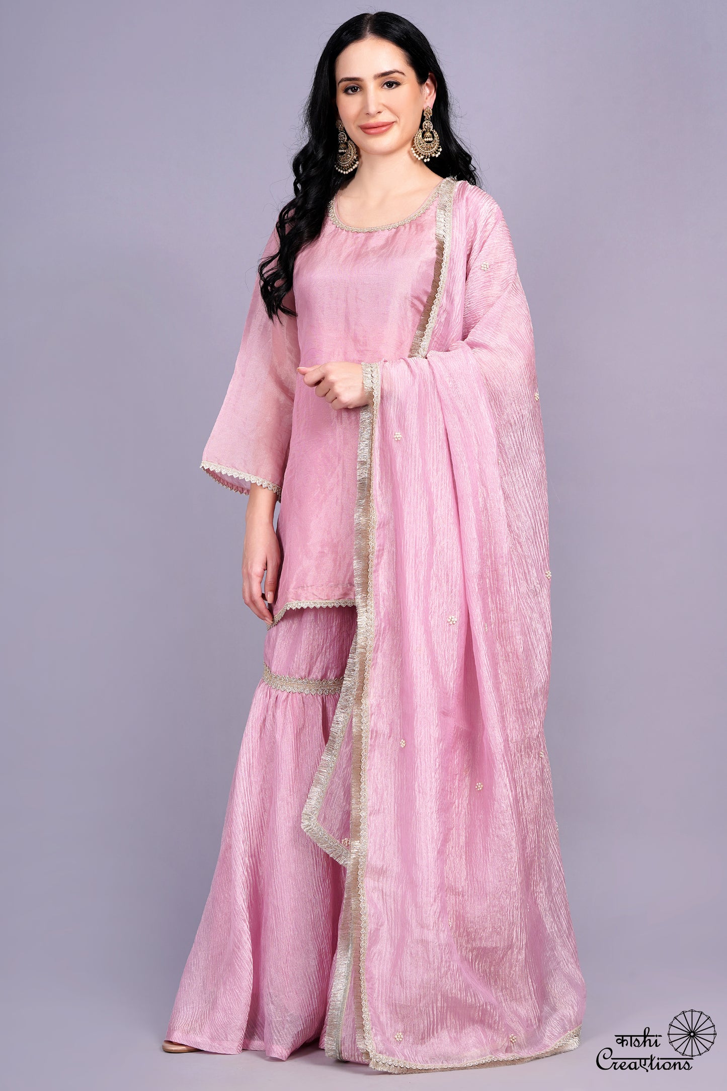 Onion Pink Pure Crushed Tissue Handwoven Stitched Garara Set