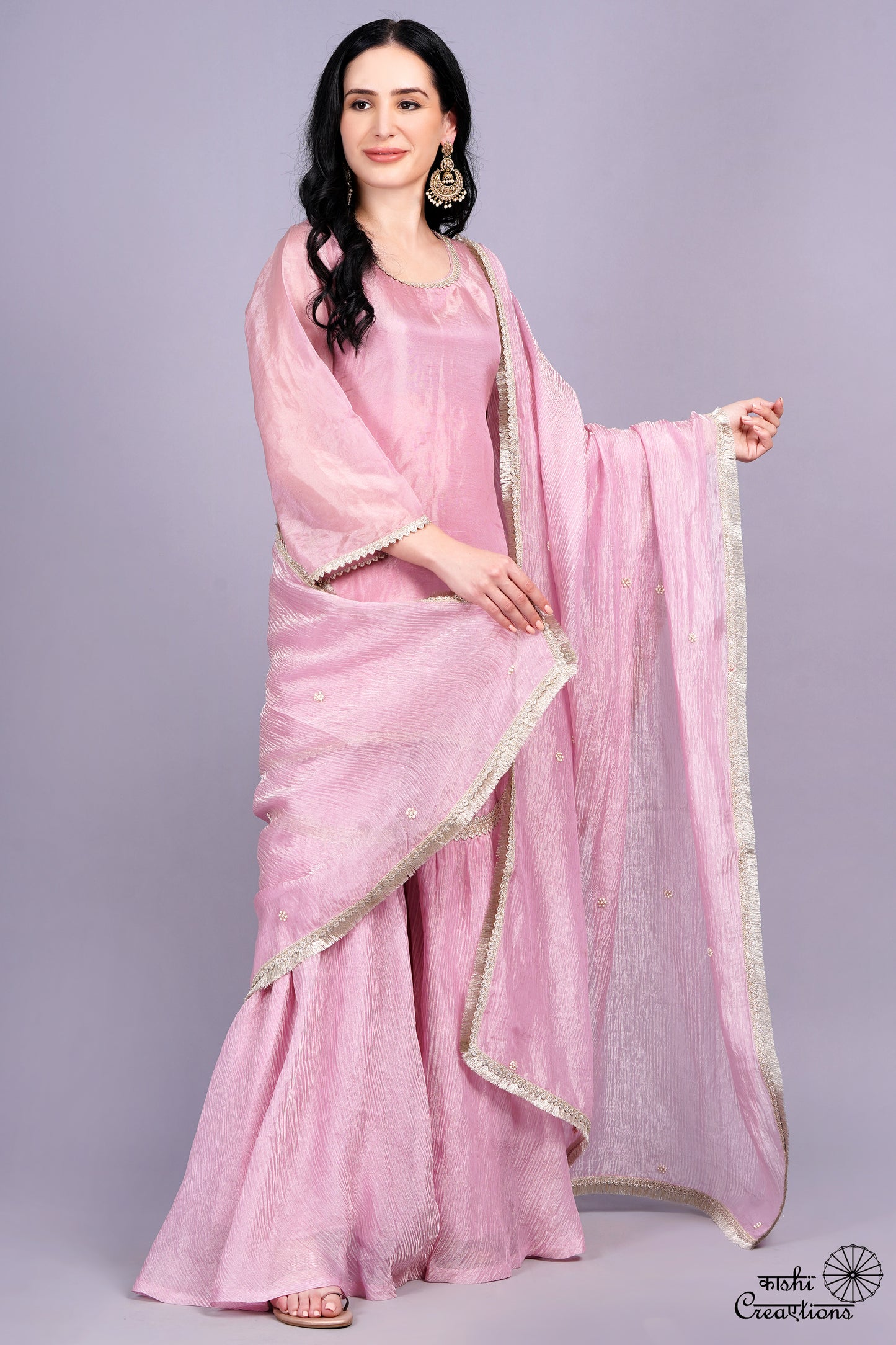 Onion Pink Pure Crushed Tissue Handwoven Stitched Garara Set