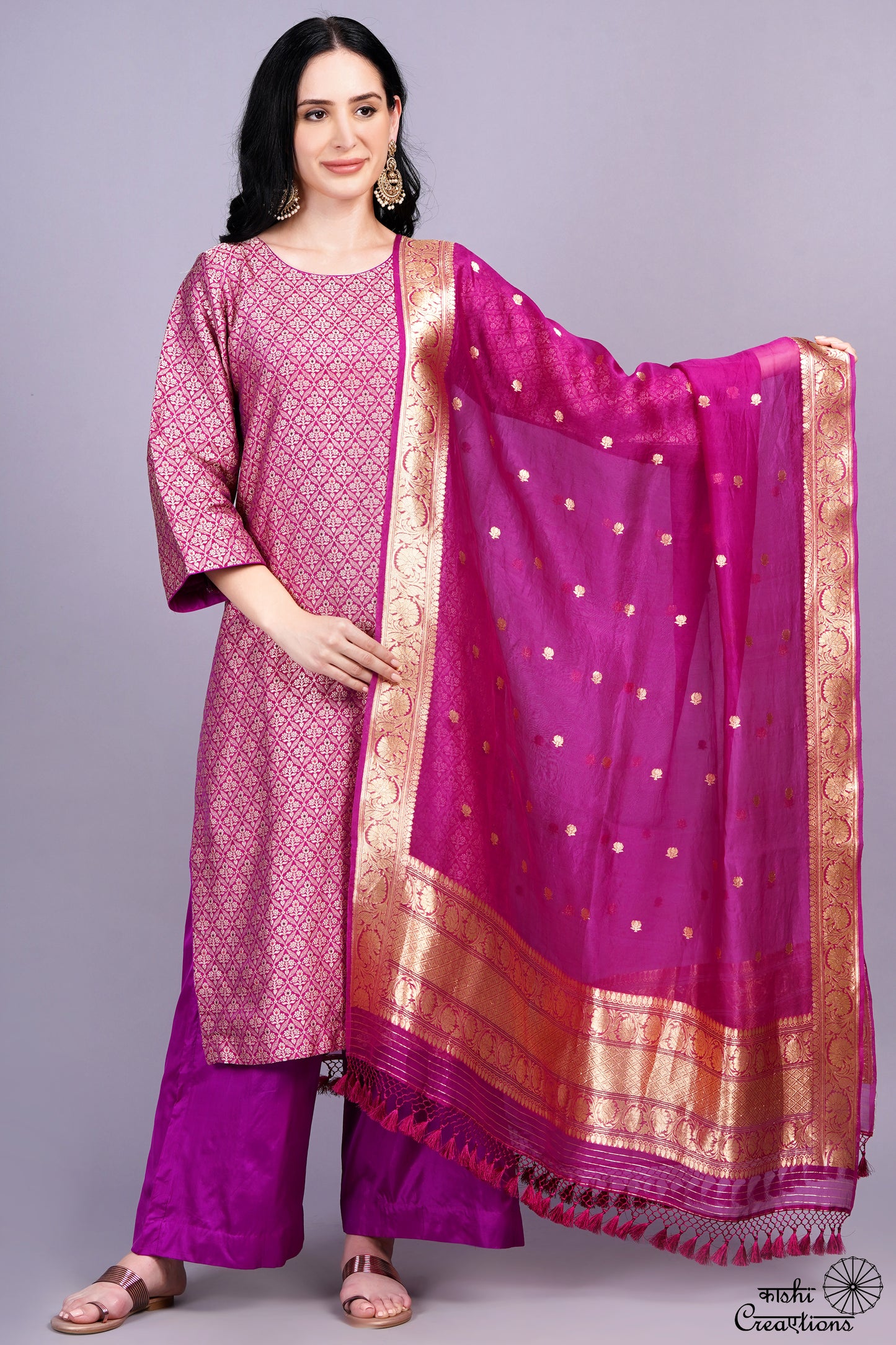 Purple Pure Katan Silk Brocade Suit Set with Kora Silk Dupatta