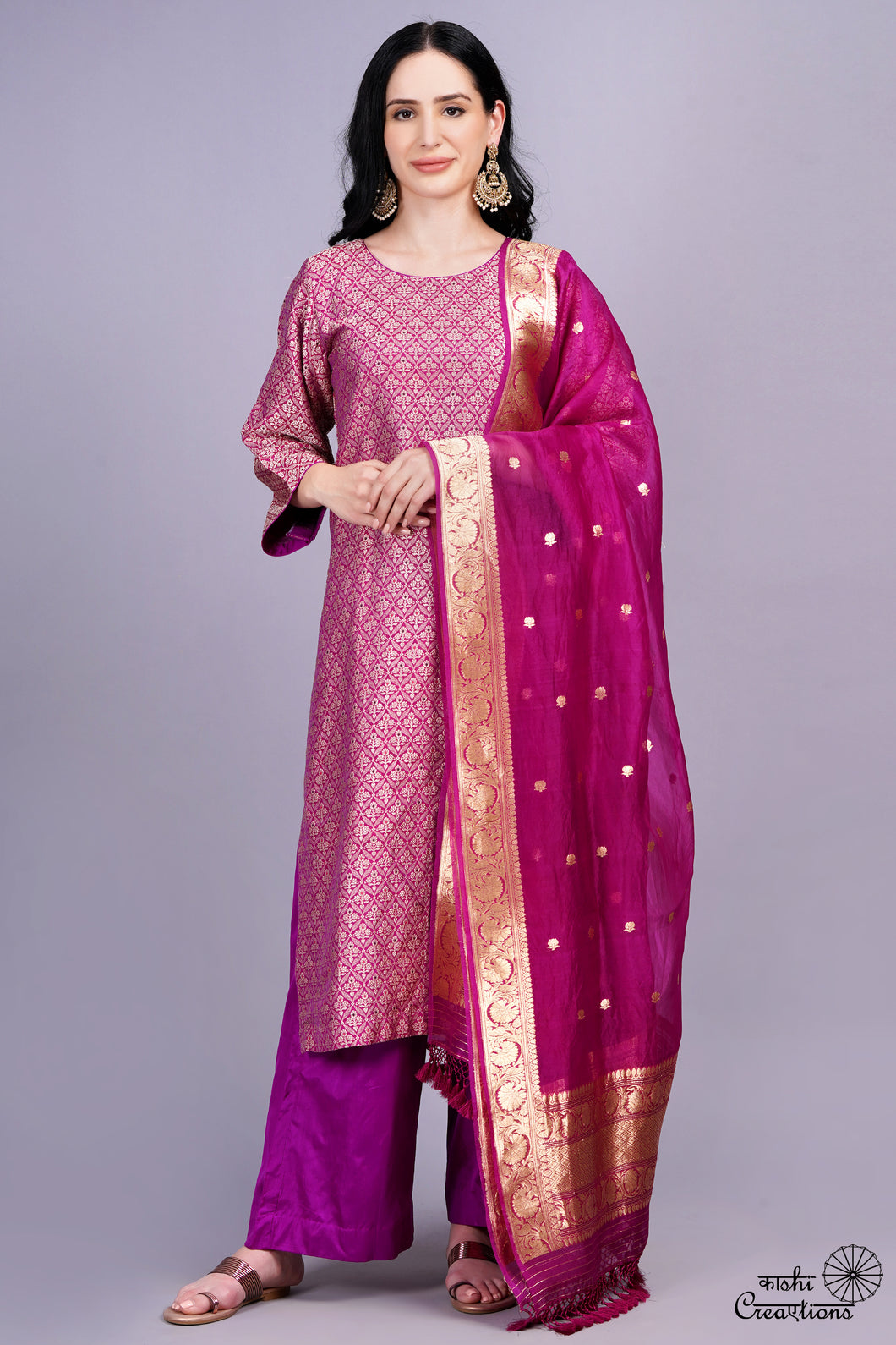 Purple Pure Katan Silk Brocade Suit Set with Kora Silk Dupatta