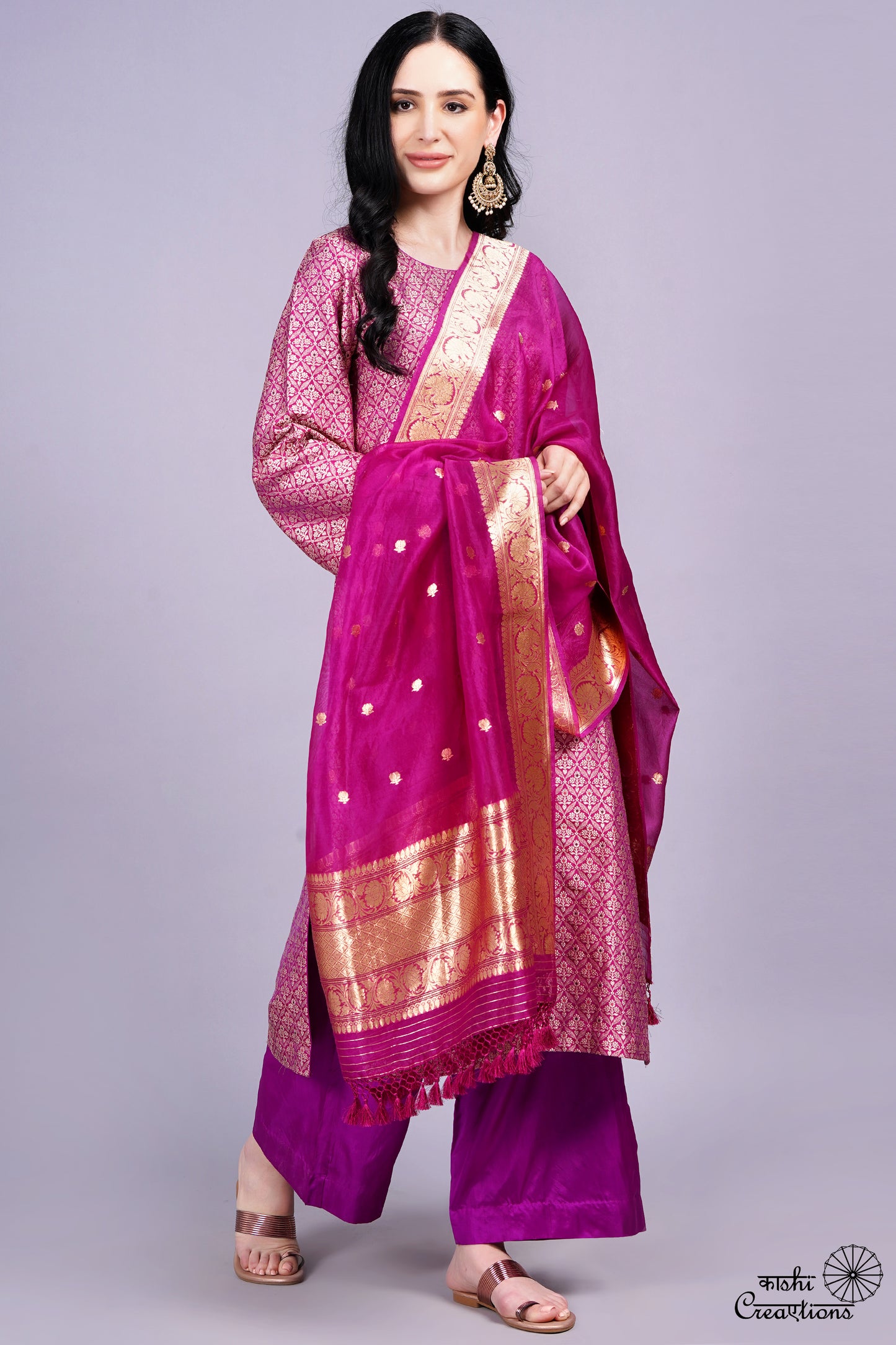 Purple Pure Katan Silk Brocade Suit Set with Kora Silk Dupatta