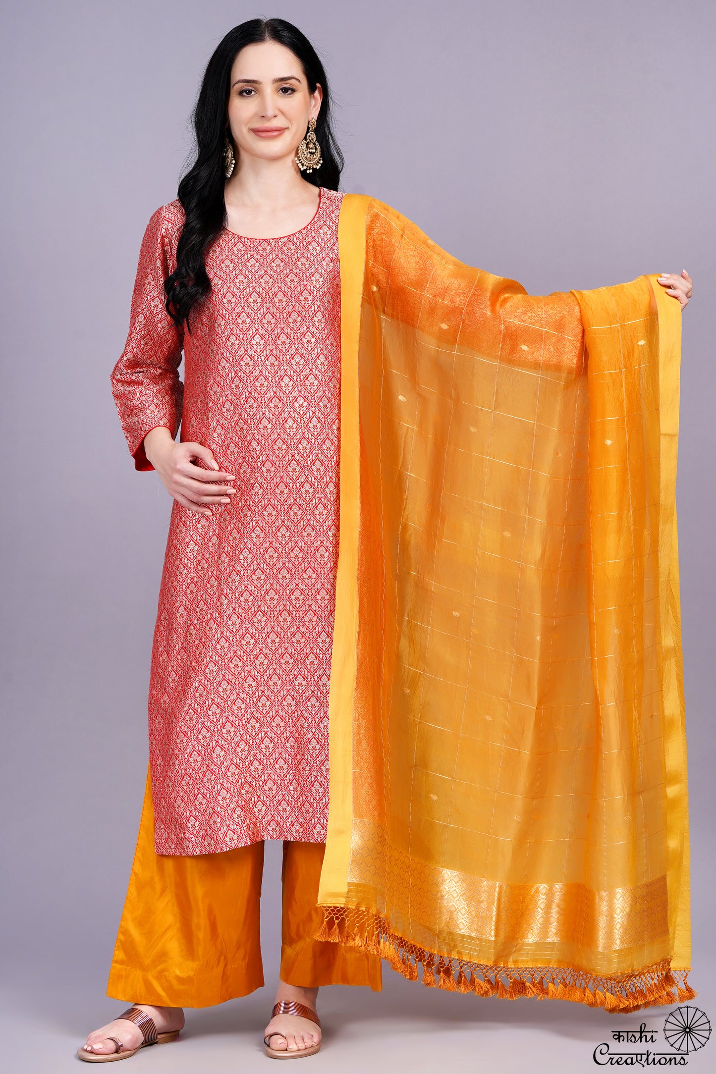 Red and Mustard Yellow Pure Katan Silk Stitched Suit Set