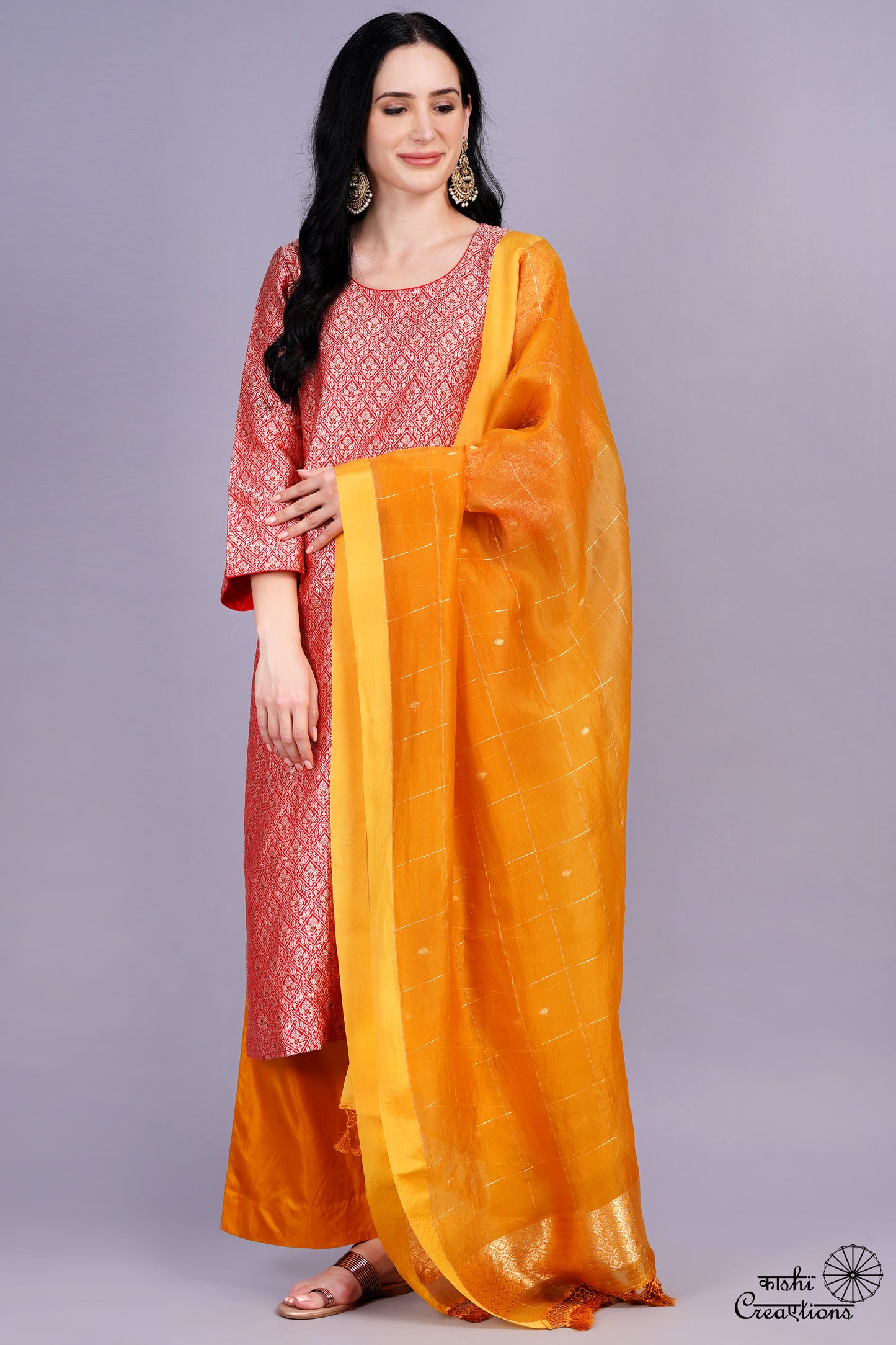 Red and Mustard Yellow Pure Katan Silk Stitched Suit Set