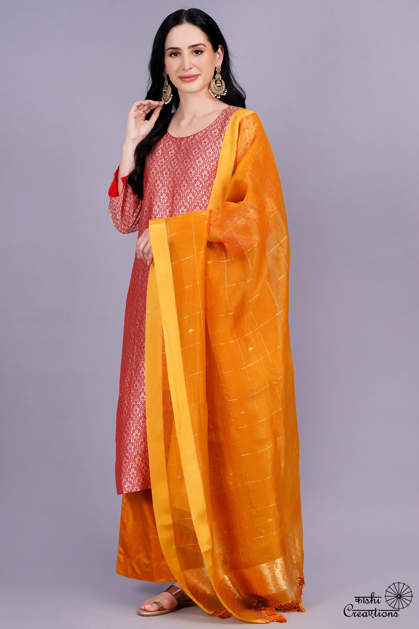 Red and Mustard Yellow Pure Katan Silk Stitched Suit Set