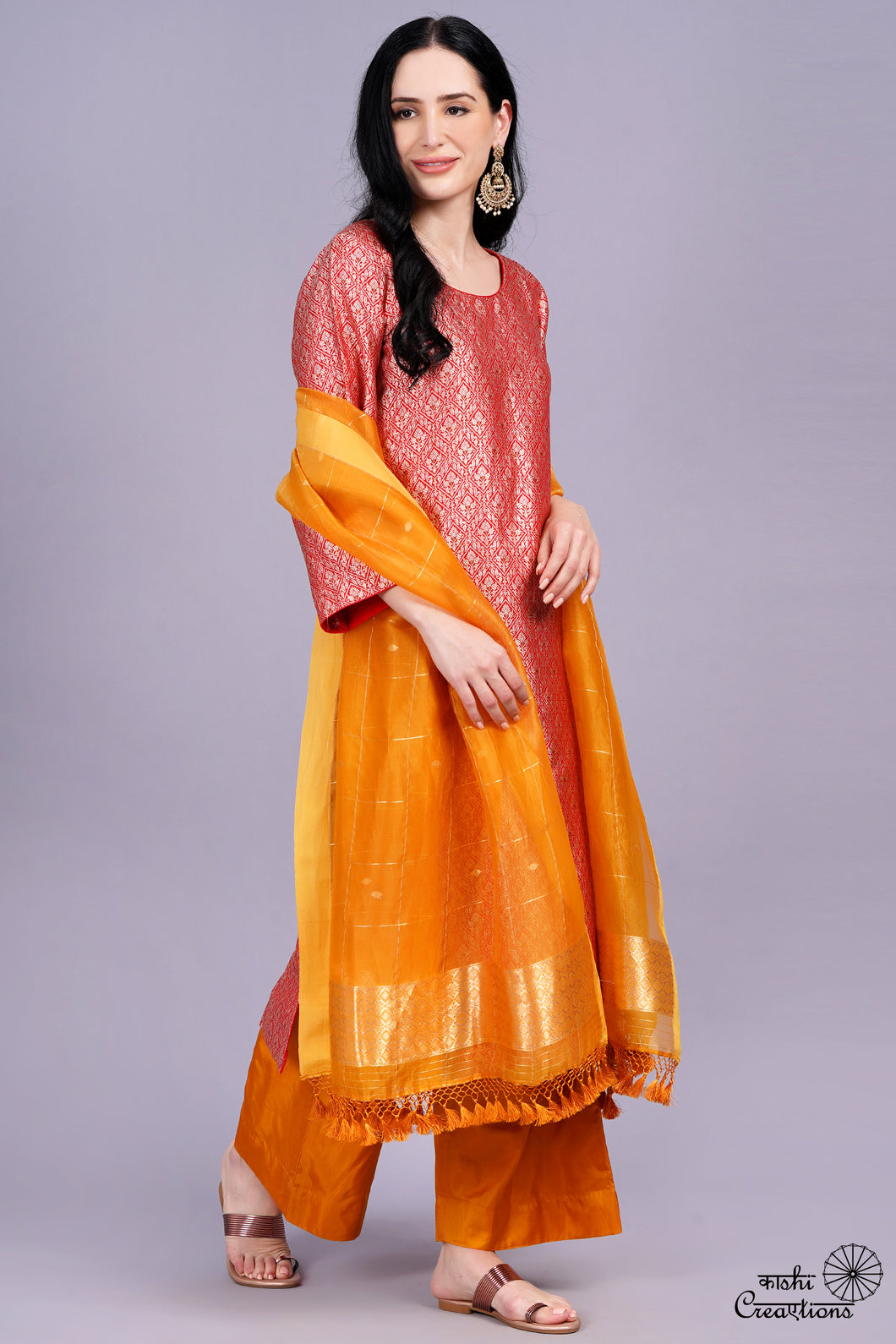 Red and Mustard Yellow Pure Katan Silk Stitched Suit Set
