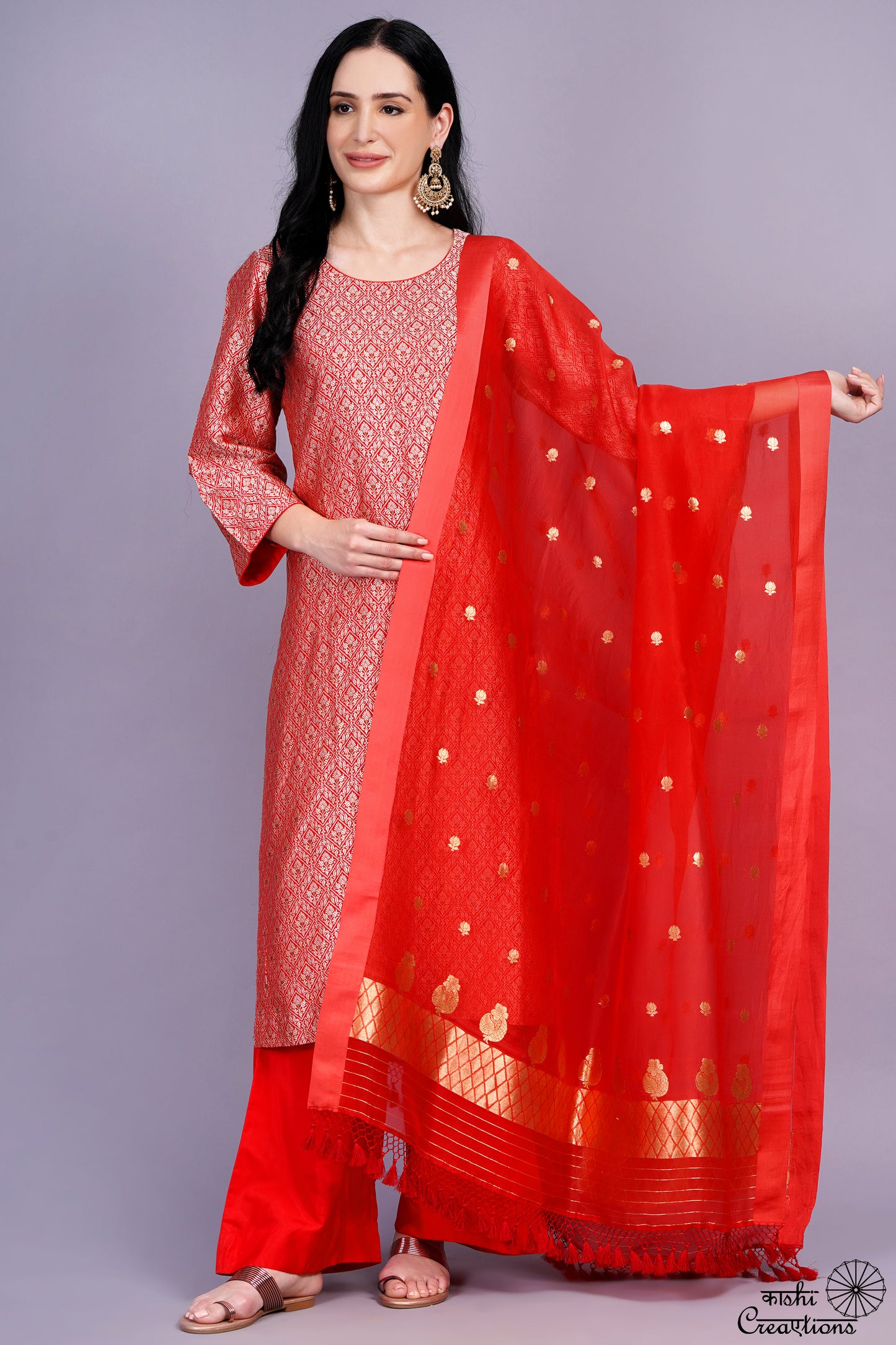 Red Pure Katan Silk Handwoven Brocade Suit Set