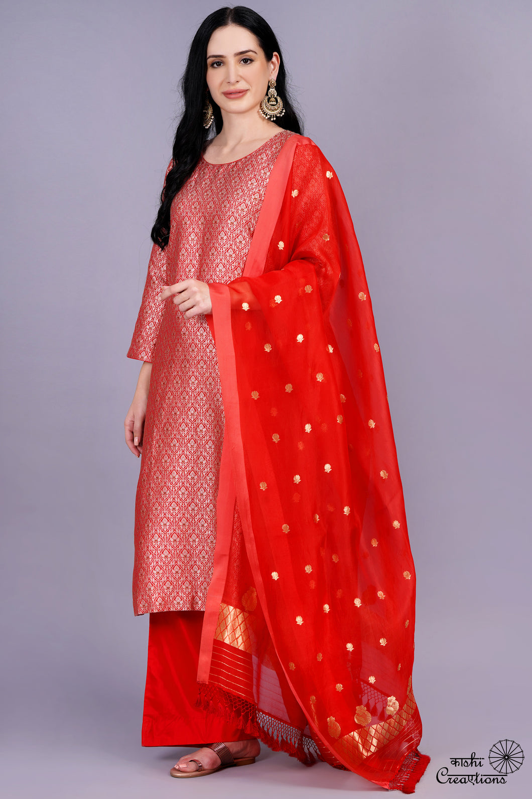 Red Pure Katan Silk Handwoven Brocade Suit Set