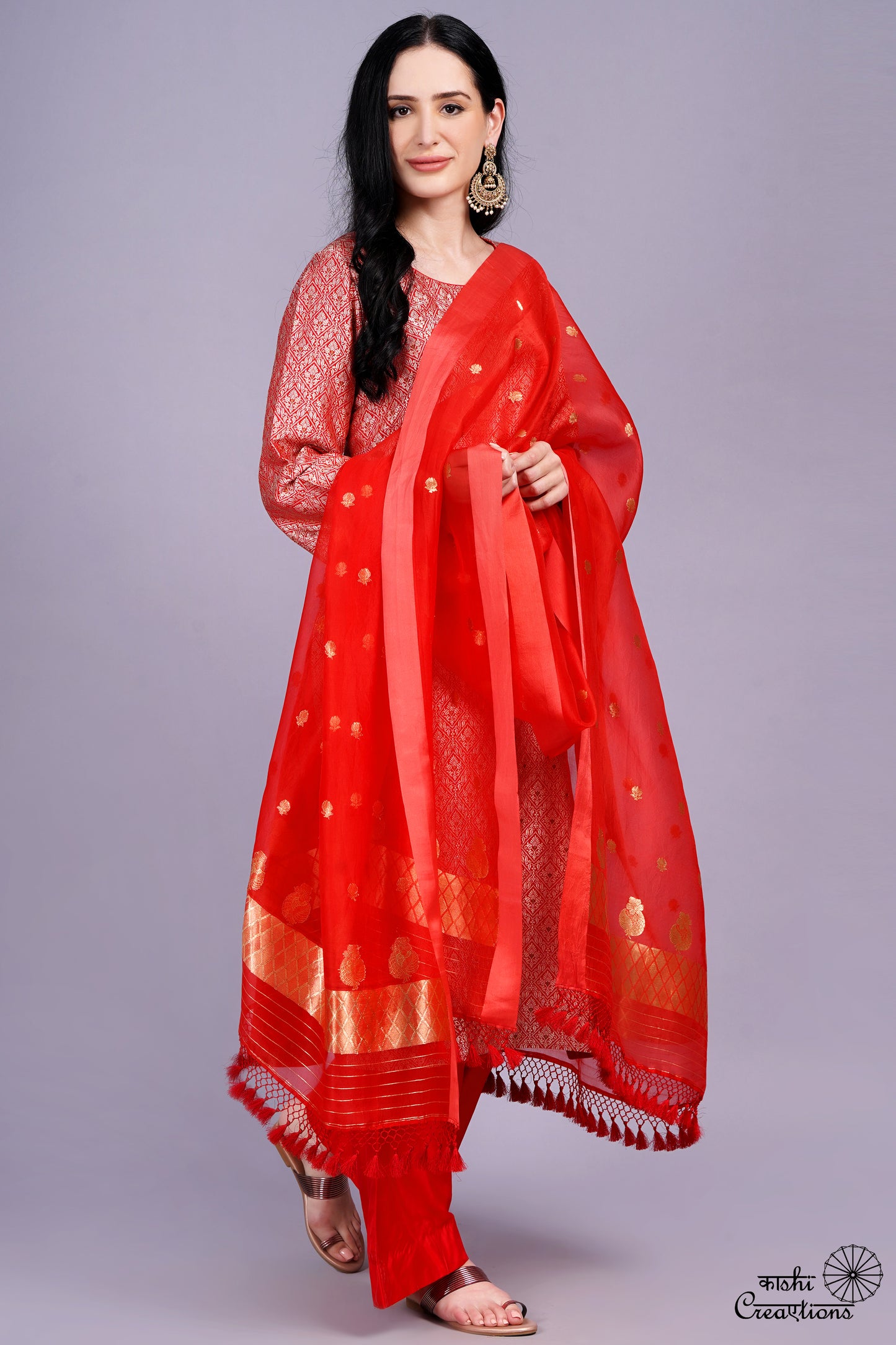 Red Pure Katan Silk Handwoven Brocade Suit Set