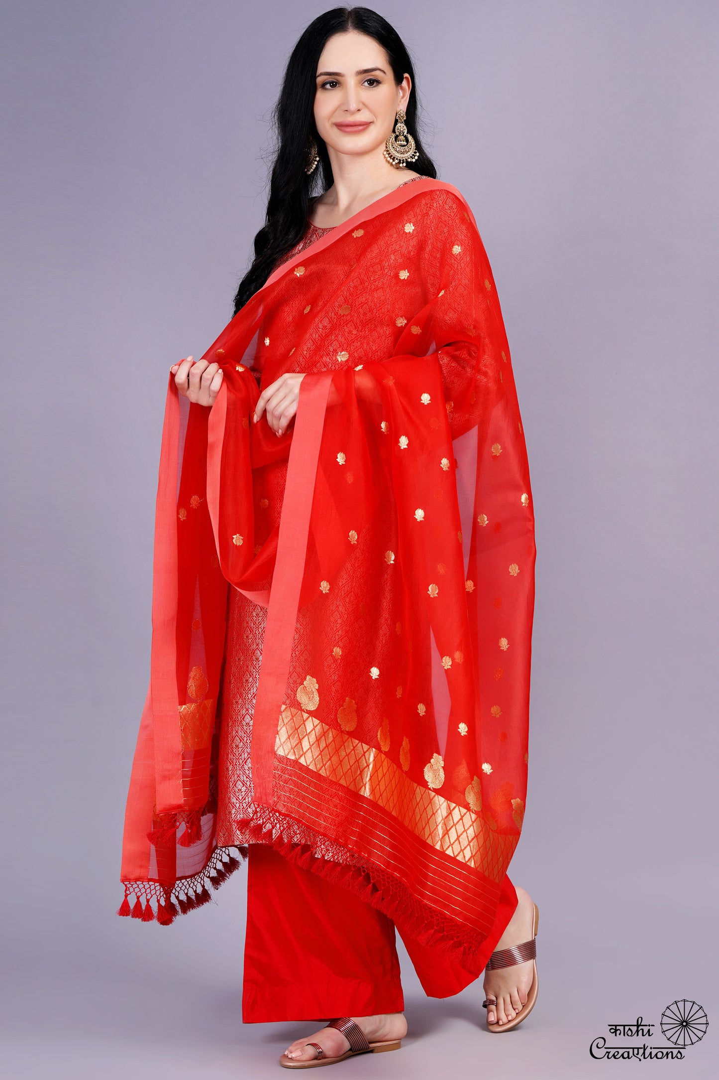 Red Pure Katan Silk Handwoven Brocade Suit Set