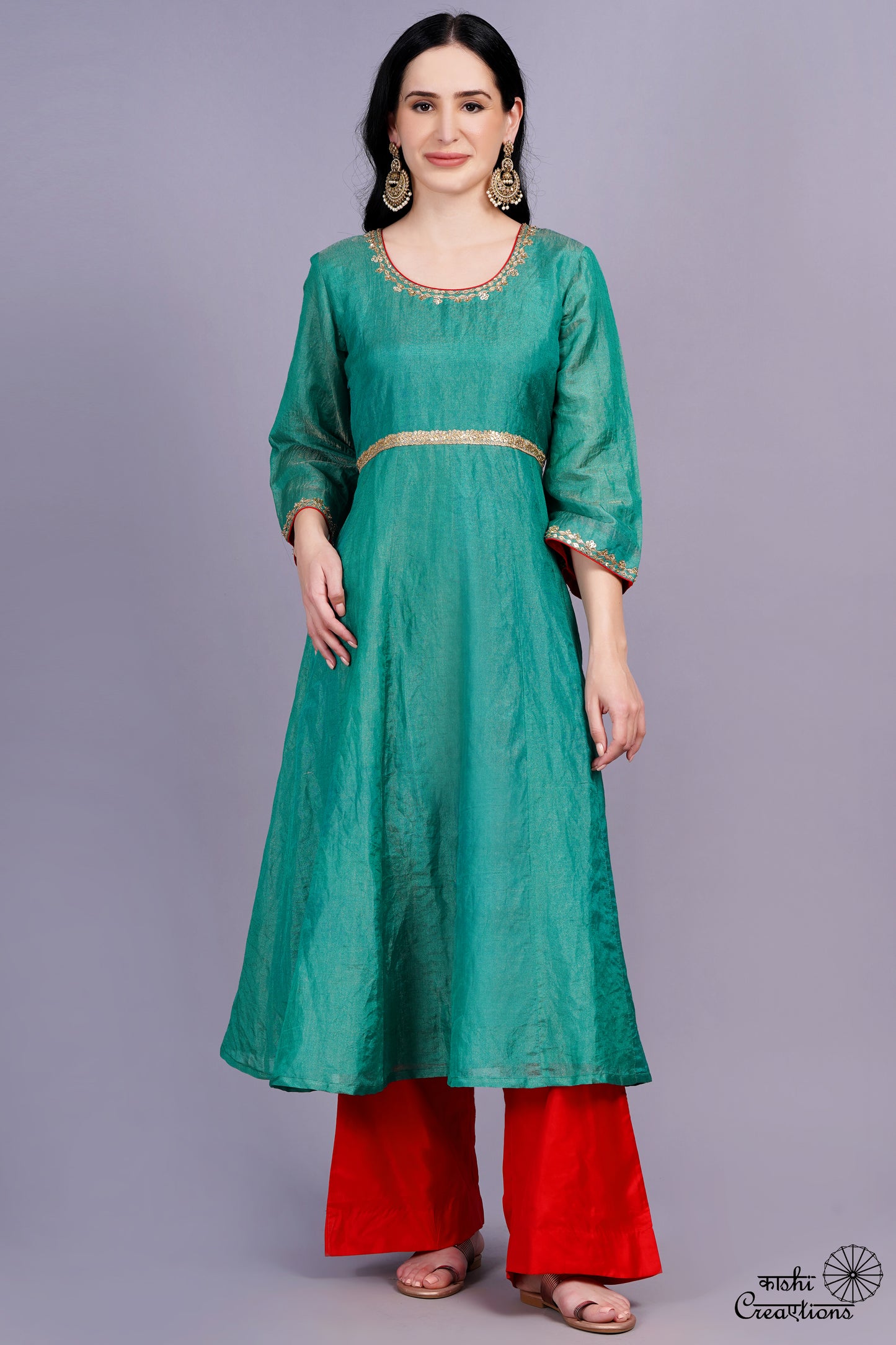 Emerald Green and Red Pure Tissue Silk Anarkali Suit Set