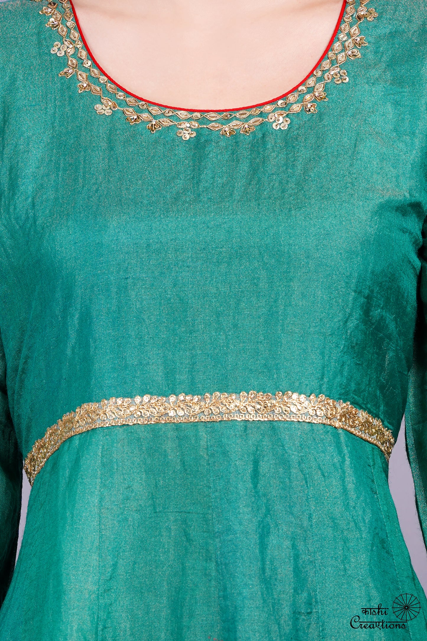 Emerald Green and Red Pure Tissue Silk Anarkali Suit Set