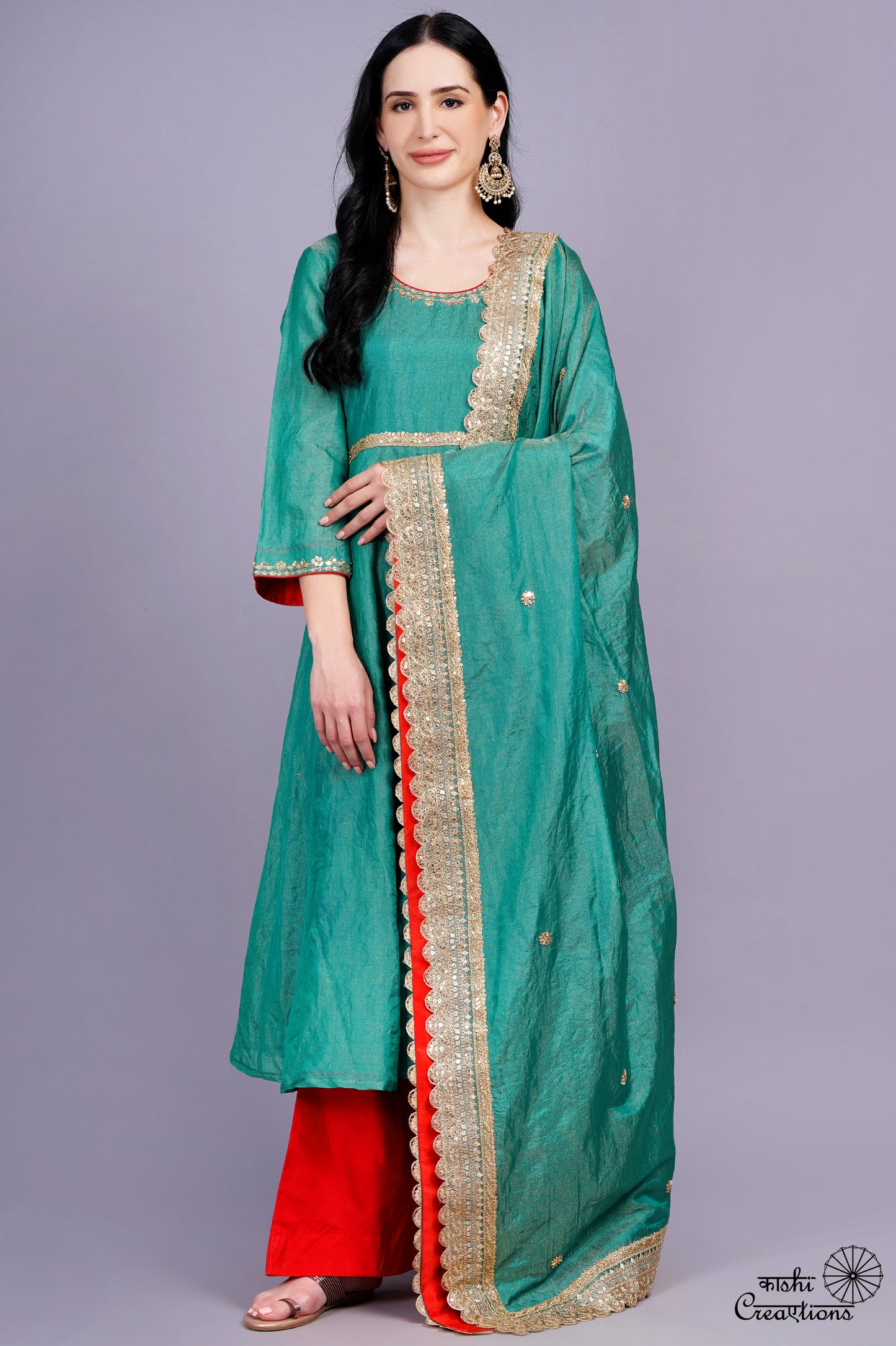 Emerald Green and Red Pure Tissue Silk Anarkali Suit Set