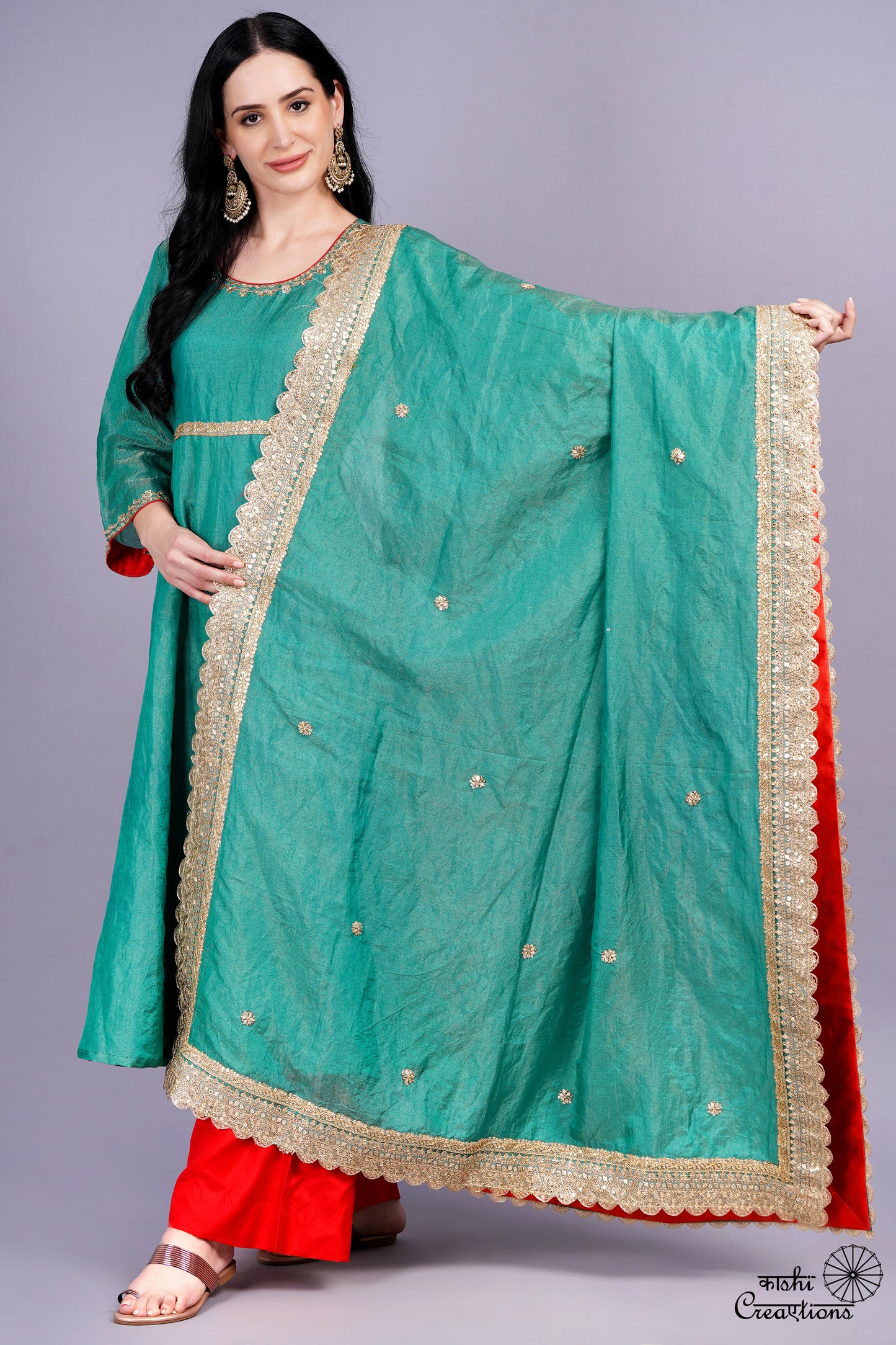 Emerald Green and Red Pure Tissue Silk Anarkali Suit Set