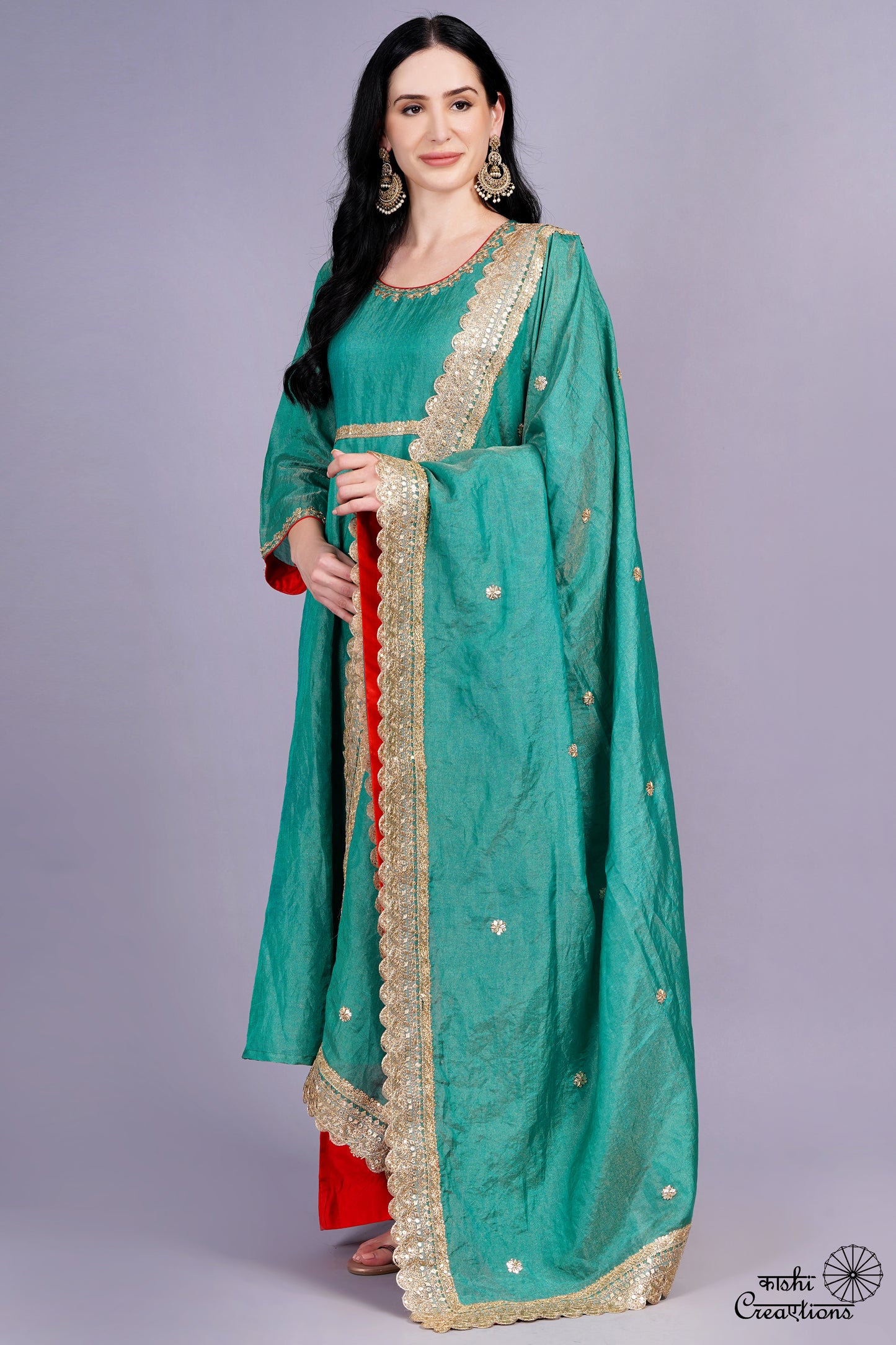 Emerald Green and Red Pure Tissue Silk Anarkali Suit Set