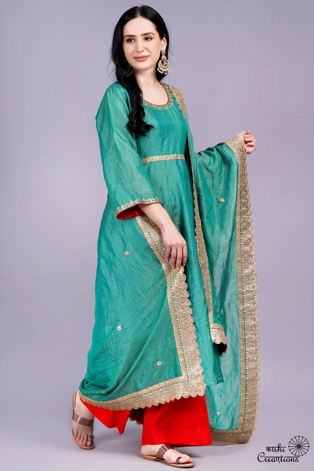 Emerald Green and Red Pure Tissue Silk Anarkali Suit Set