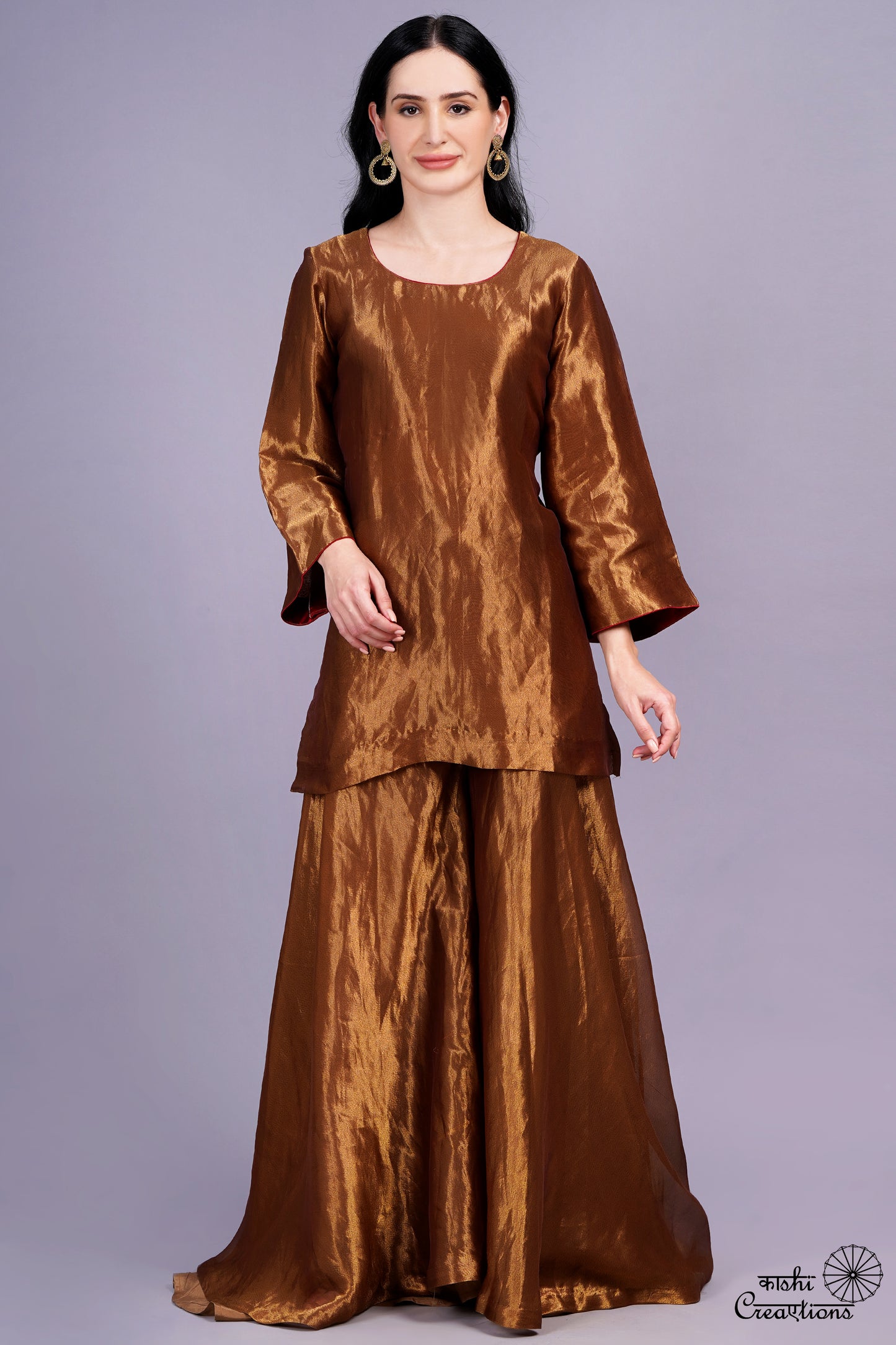 Golden Brown Pure Tissue Silk Handloom Sharara Set