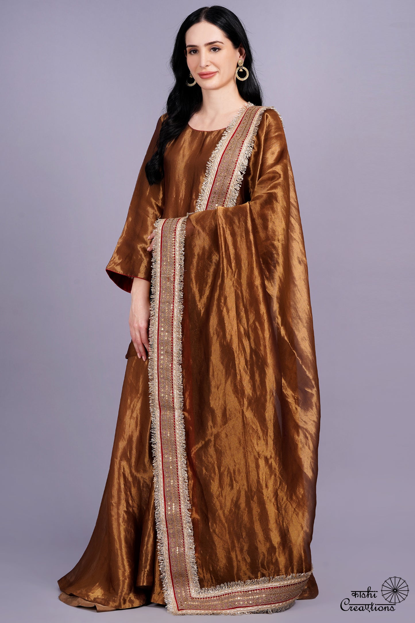 Golden Brown Pure Tissue Silk Handloom Sharara Set