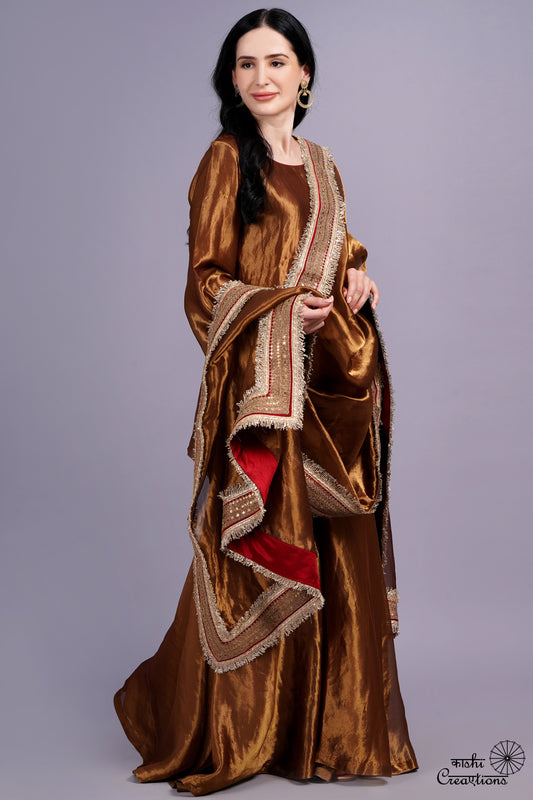 Coke Brown Pure Tissue Silk Handloom Sharara Set