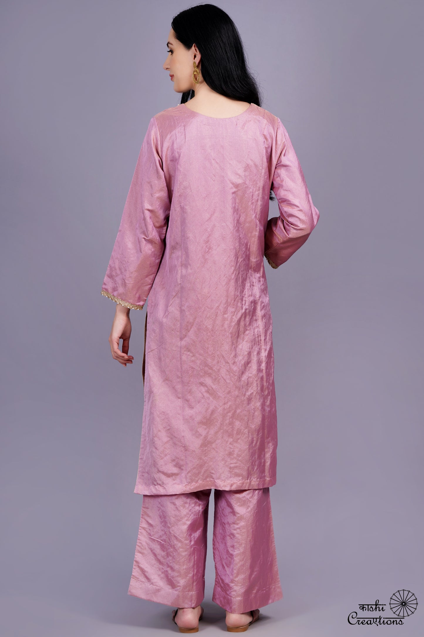 Onion Pink Pure Tissue Silk handwoven Stitched Suit Set