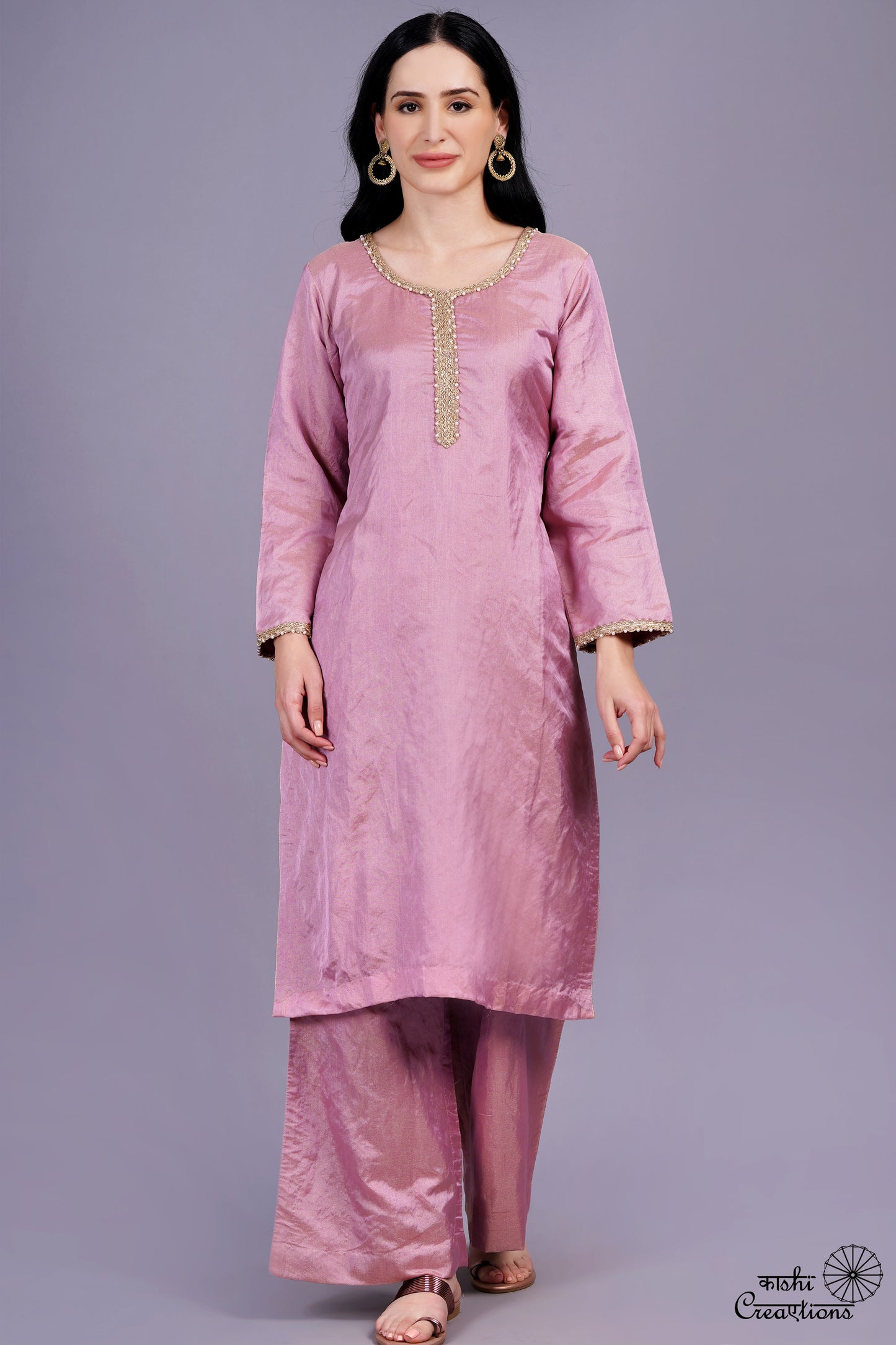 Onion Pink Pure Tissue Silk handwoven Stitched Suit Set