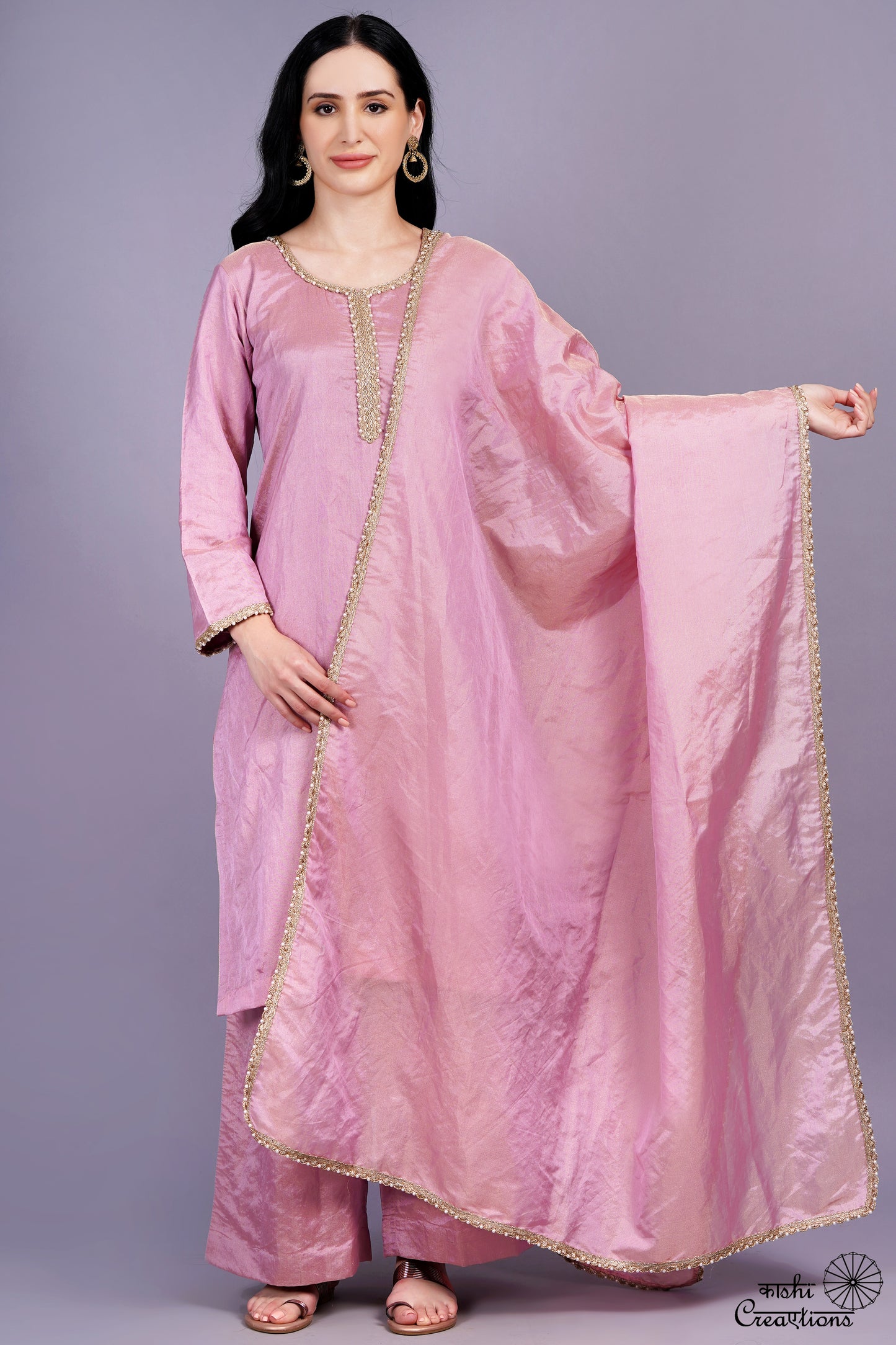 Onion Pink Pure Tissue Silk handwoven Stitched Suit Set