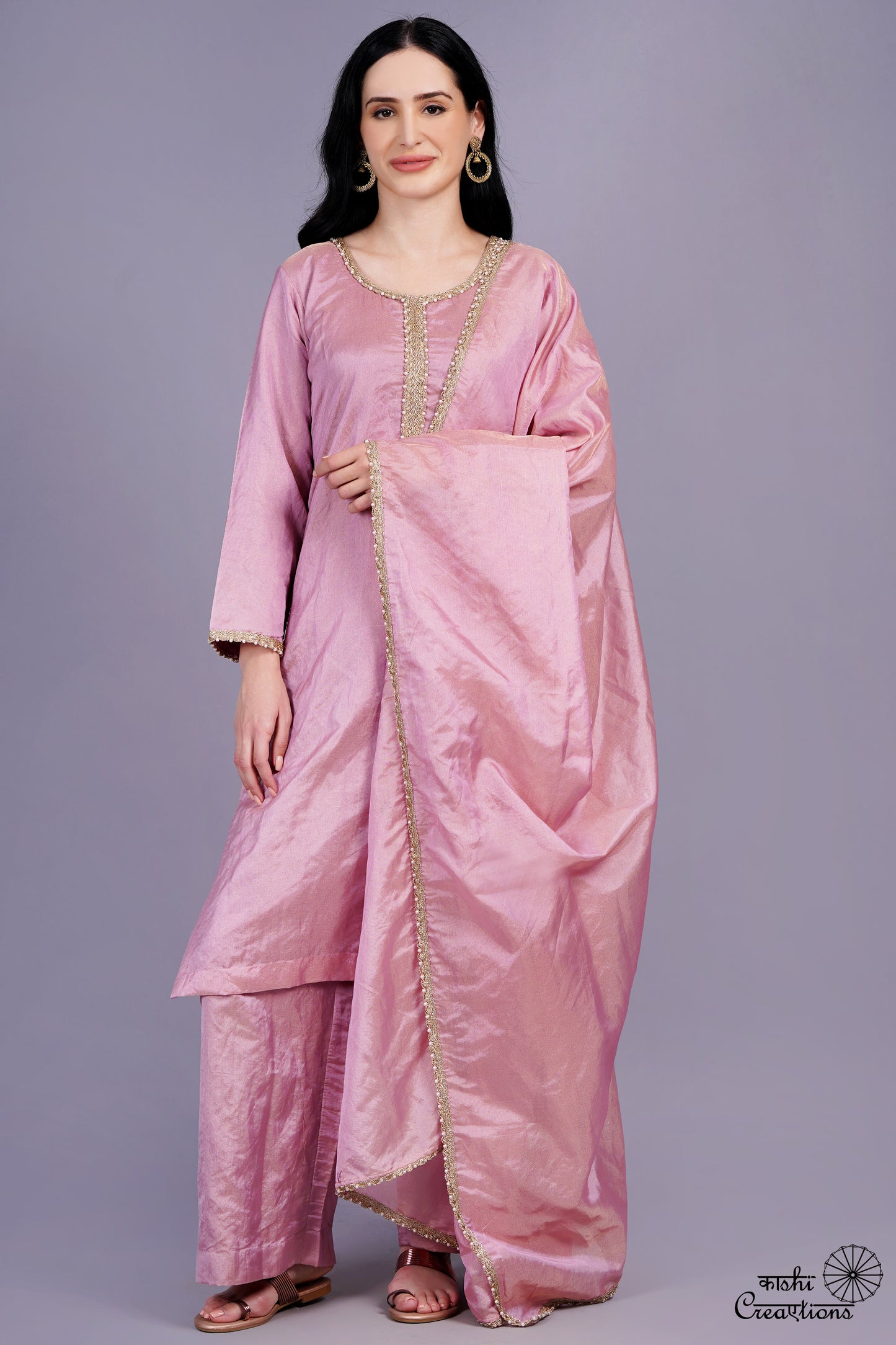 Onion Pink Pure Tissue Silk handwoven Stitched Suit Set