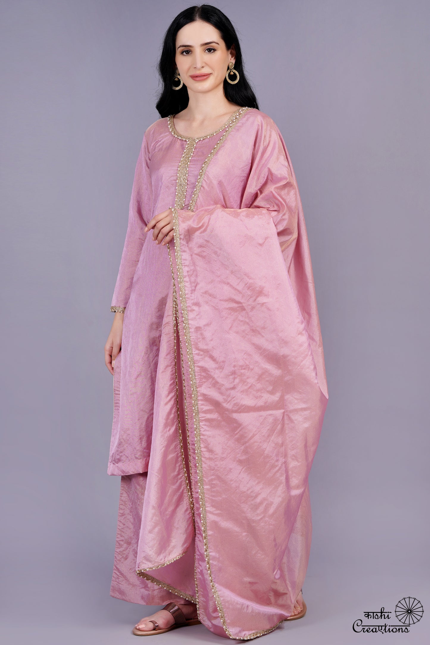 Onion Pink Pure Tissue Silk handwoven Stitched Suit Set